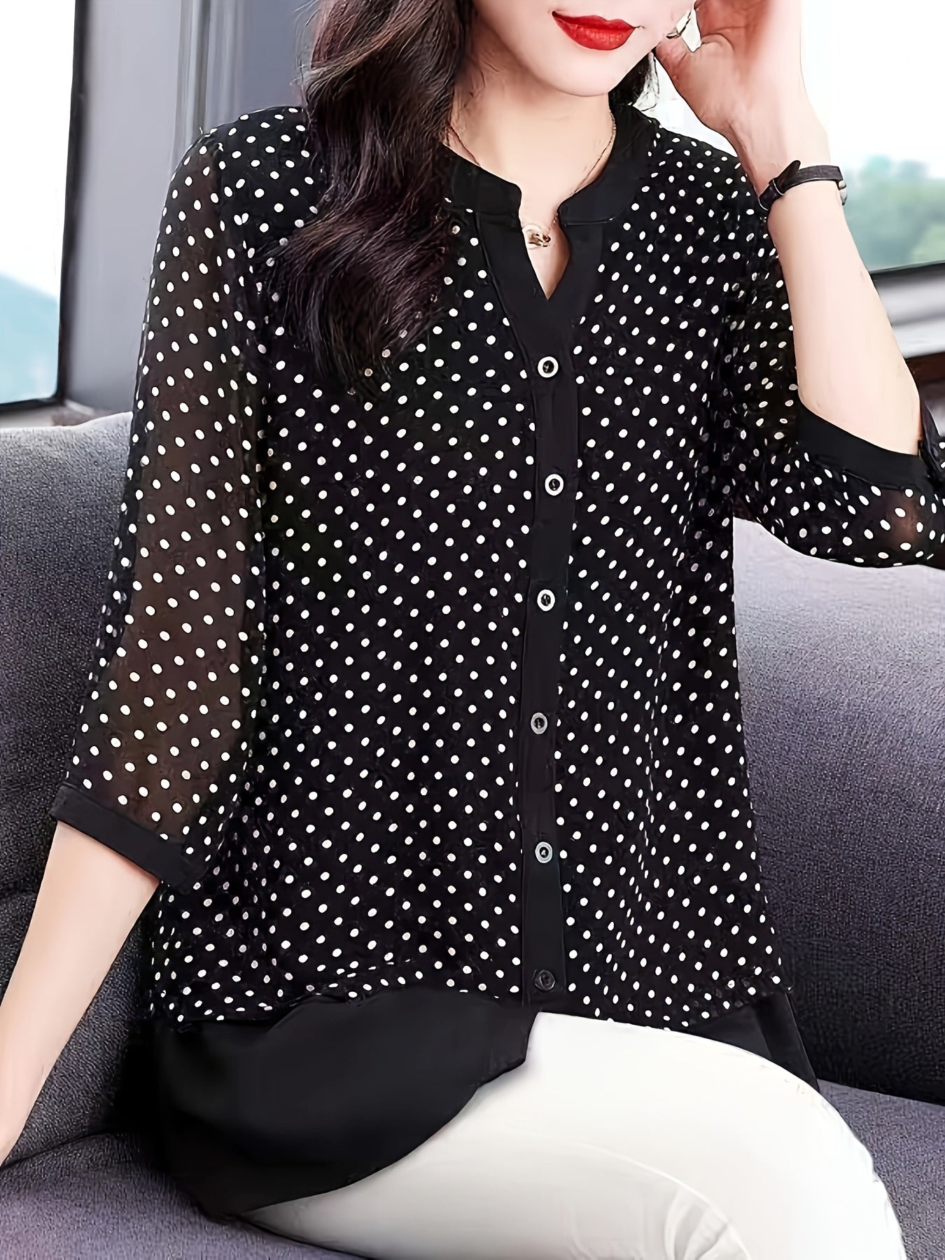 Plus Size Women's Chiffon Blouse Polka Dot Mid-Length Seven-Eighths Sleeves