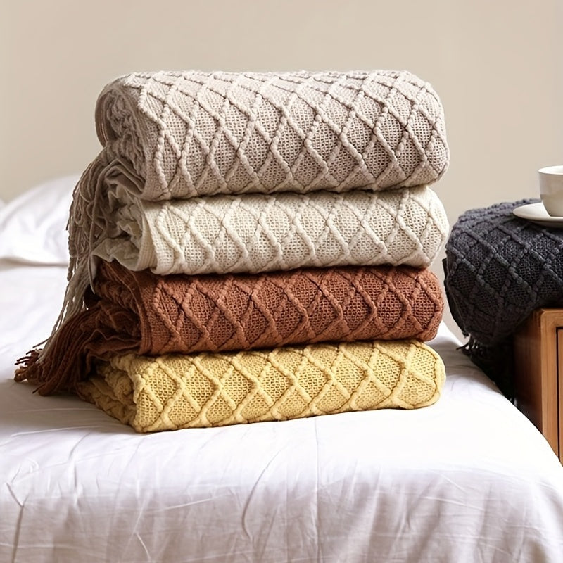 Manta de punto acogedora con flecos para sofá o cama