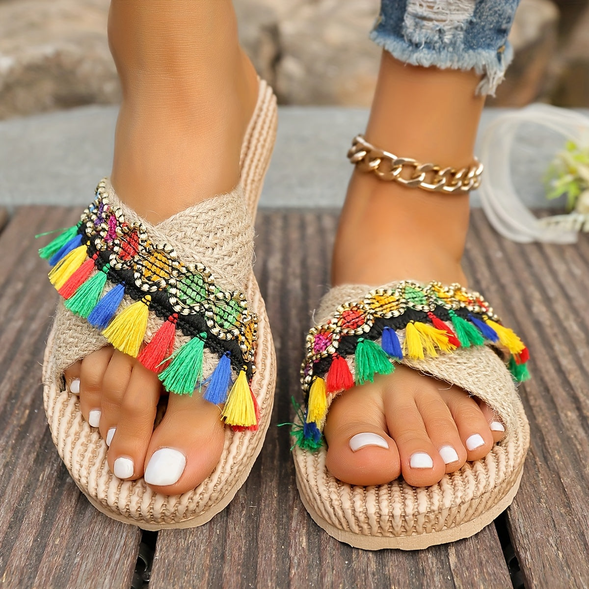 Women's Open-Toe Slip-On Sandals Breathable Fabric Flat Summer Shoes