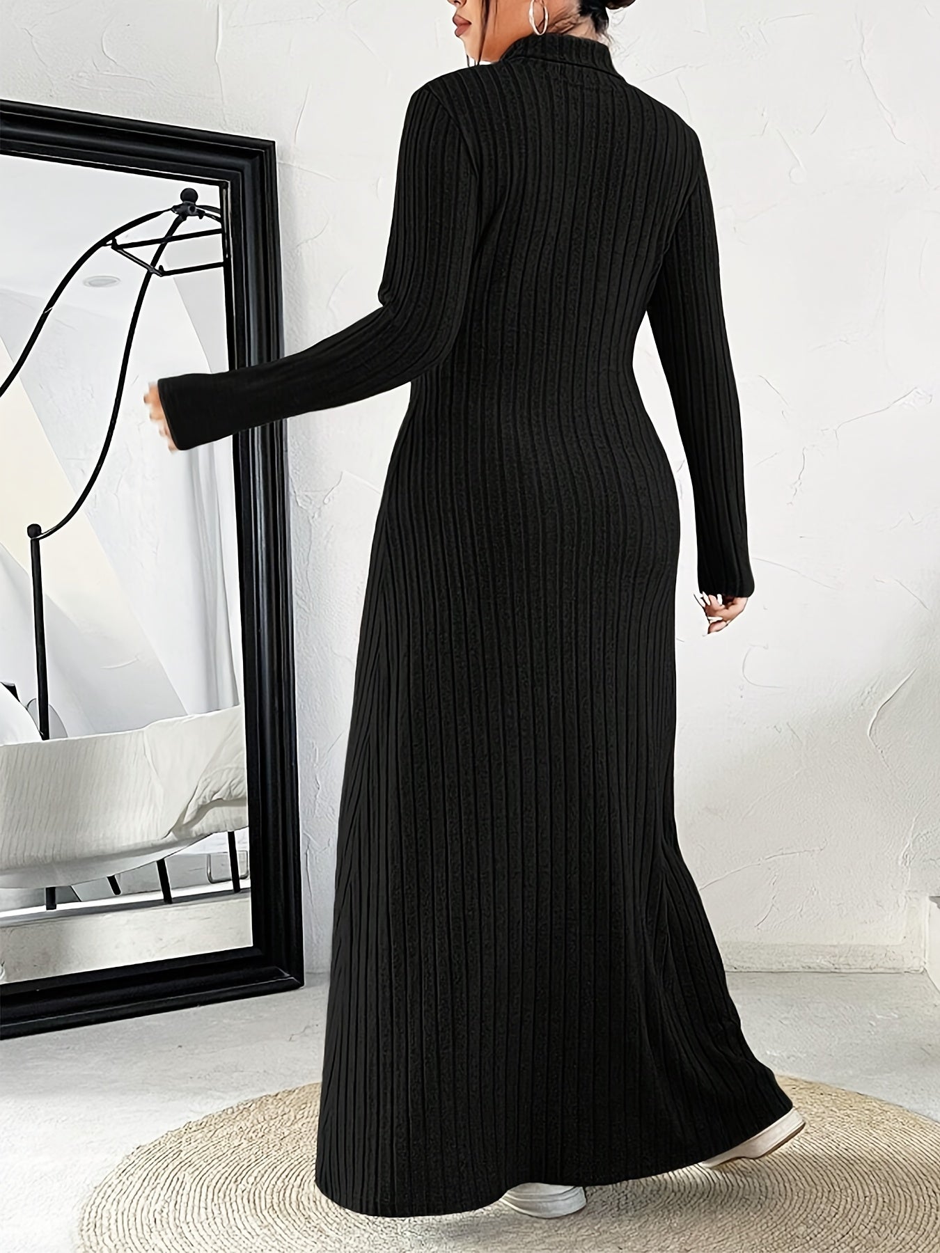 Платье с рифлёной горловиной и длинными рукавами для полных, осень-зима, однотонное, облегающее, по щиколотку