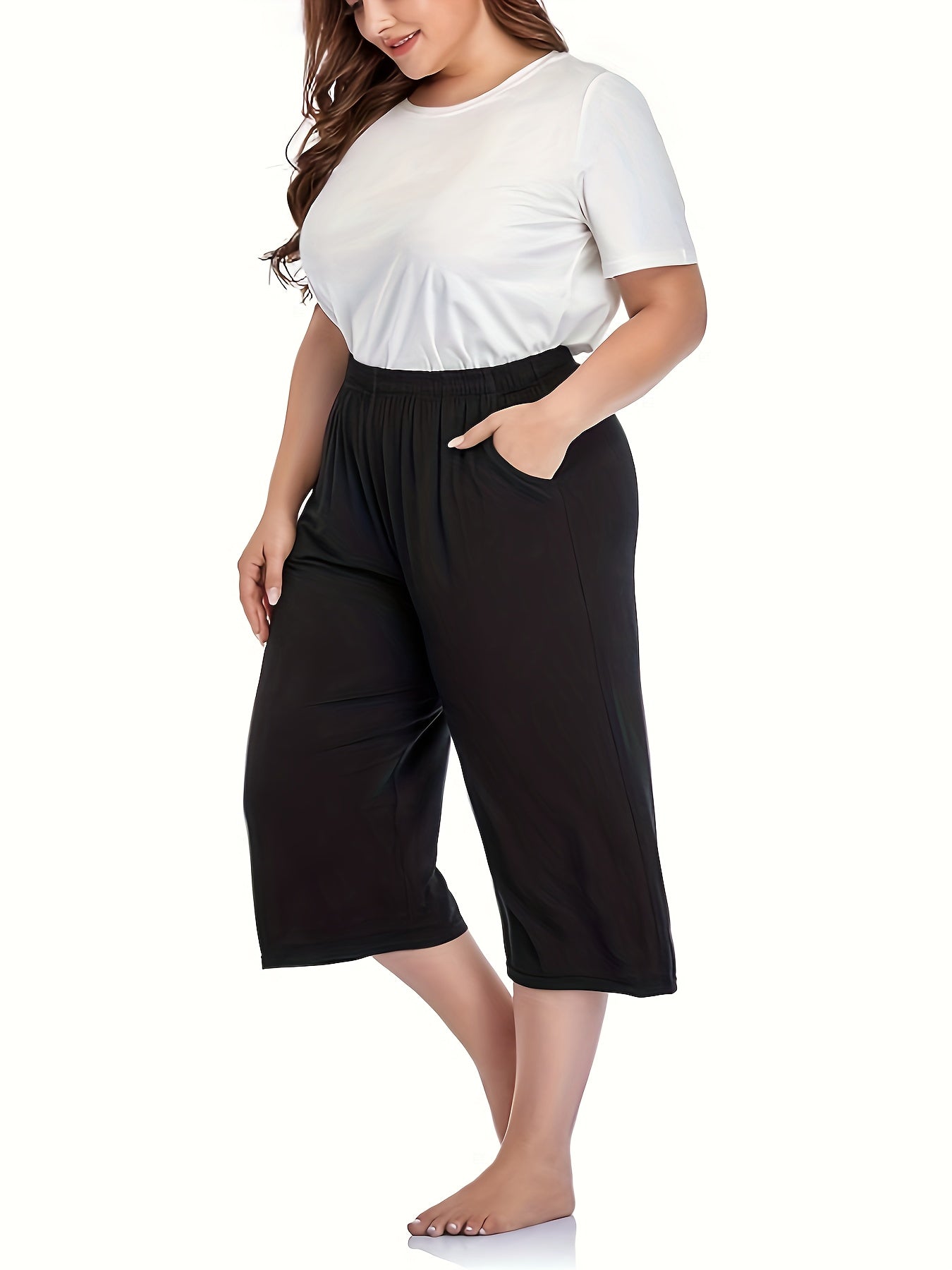 Women's Plus Size Stretchy Capri Pants with Pockets Black Wide Leg