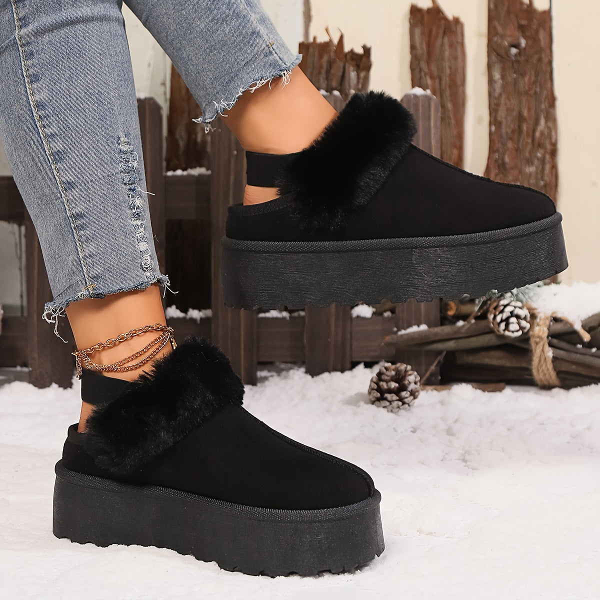 Women's Flannel Indoor Outdoor Slippers Snow Boots Faux Fur Trim