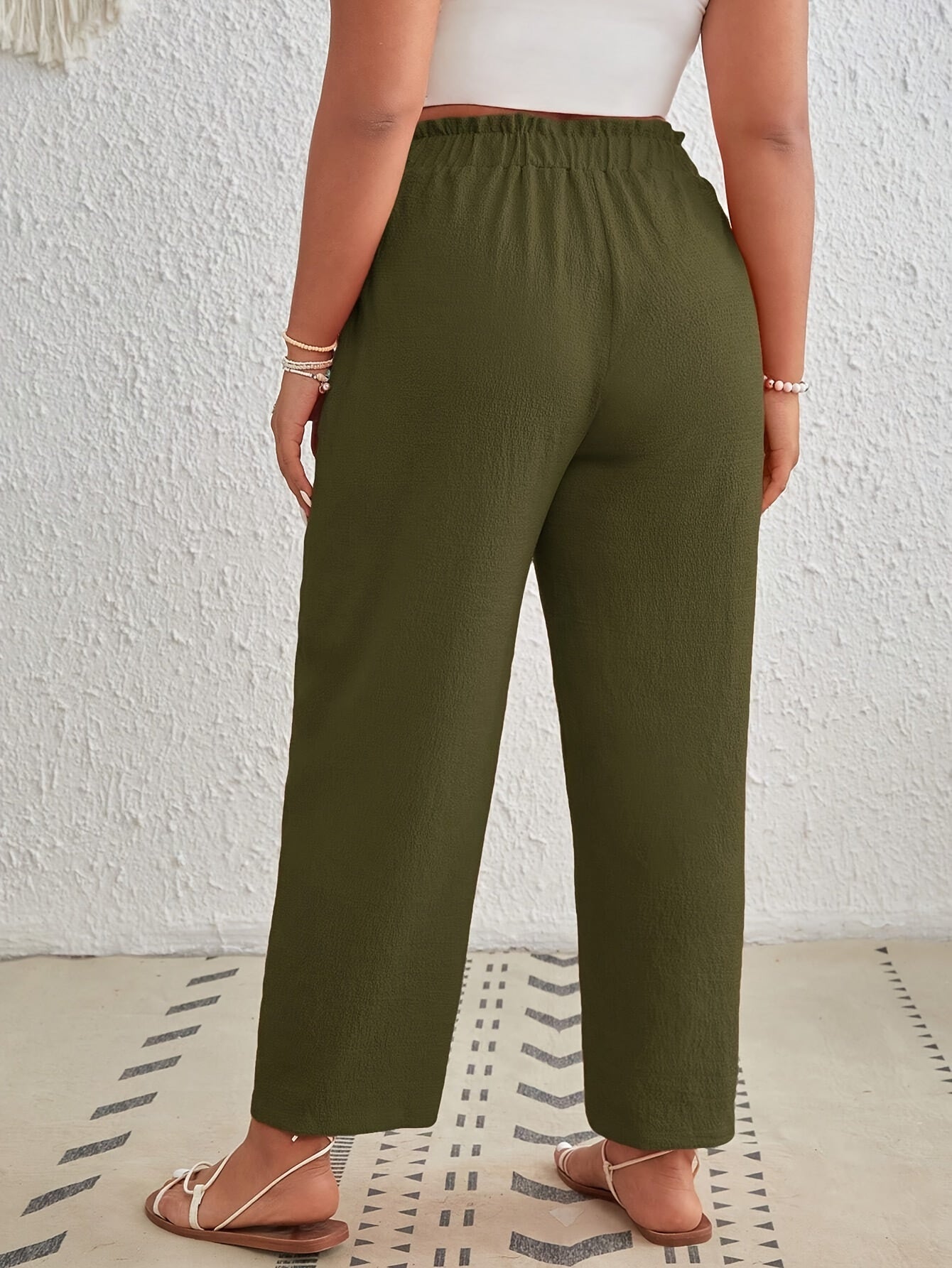Plus Size Solid Color Paperbag Waist Pants Casual Tie Front Summer Womens