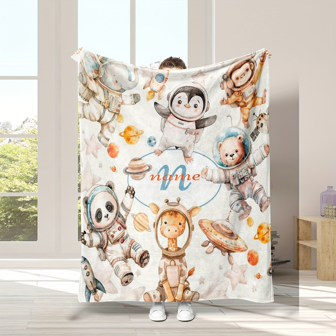 Personalized Space-Themed Flannel Fleece Blanket for Kids and Adults Reversible Cozy Throw