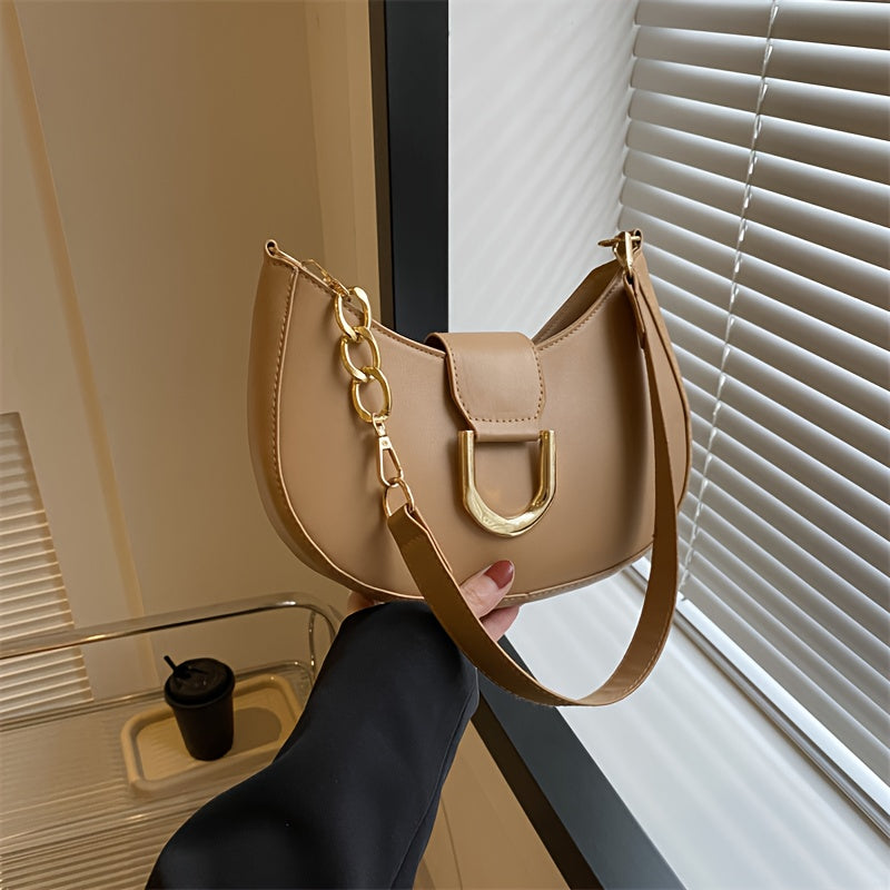 Women's Crescent Shoulder Bag with Gold Hardware Solid Color PU Crossbody Bag