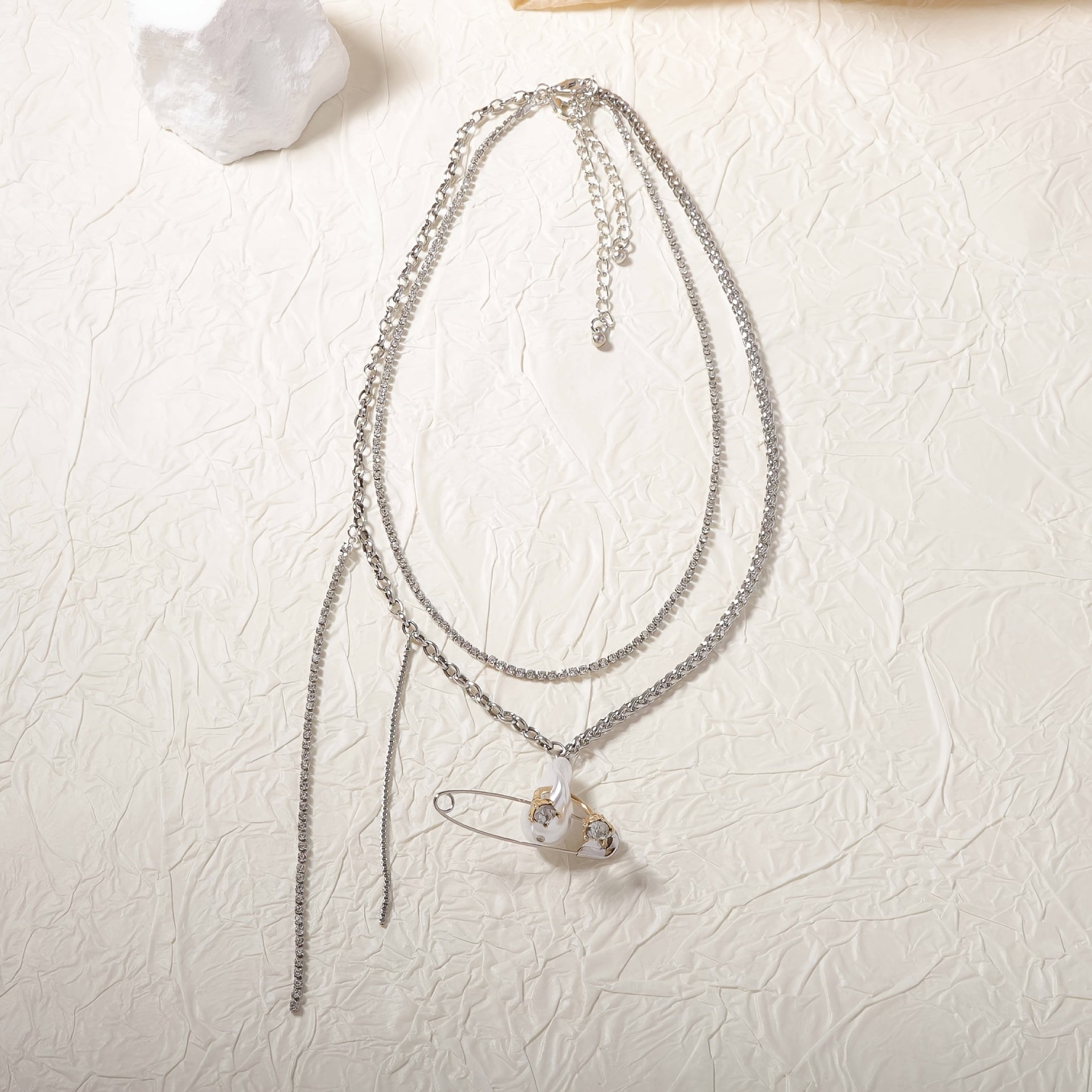 Asymmetrical Chain Pendant Necklace with Zirconia and Faux Pearl Accents