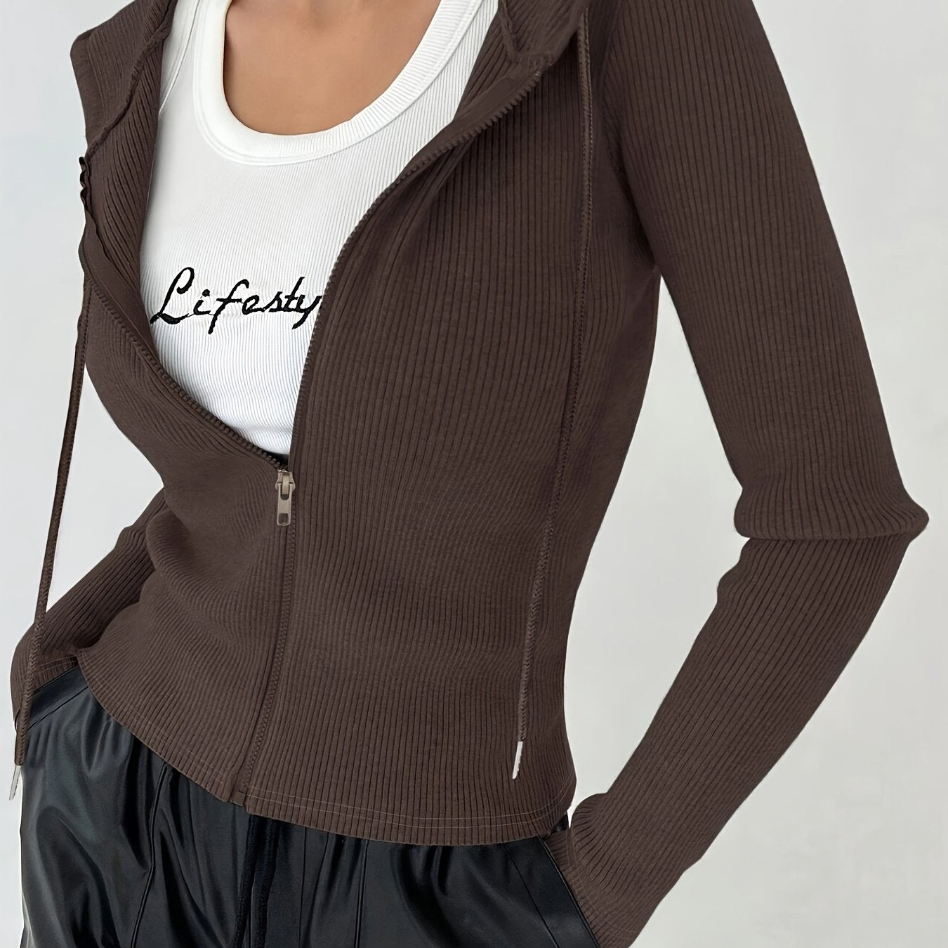 Women's Slim Fit Hooded Jacket with Ribbed Knit Drawstrings and Zipper for Fall Winter
