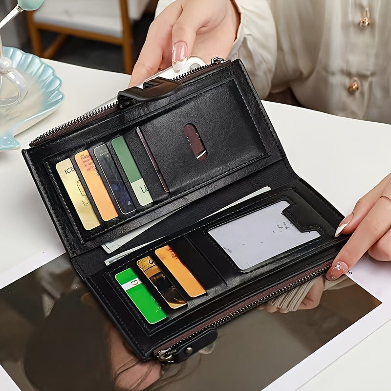 Double Zipper Wallet with Card Slots and Solid Color PU Material