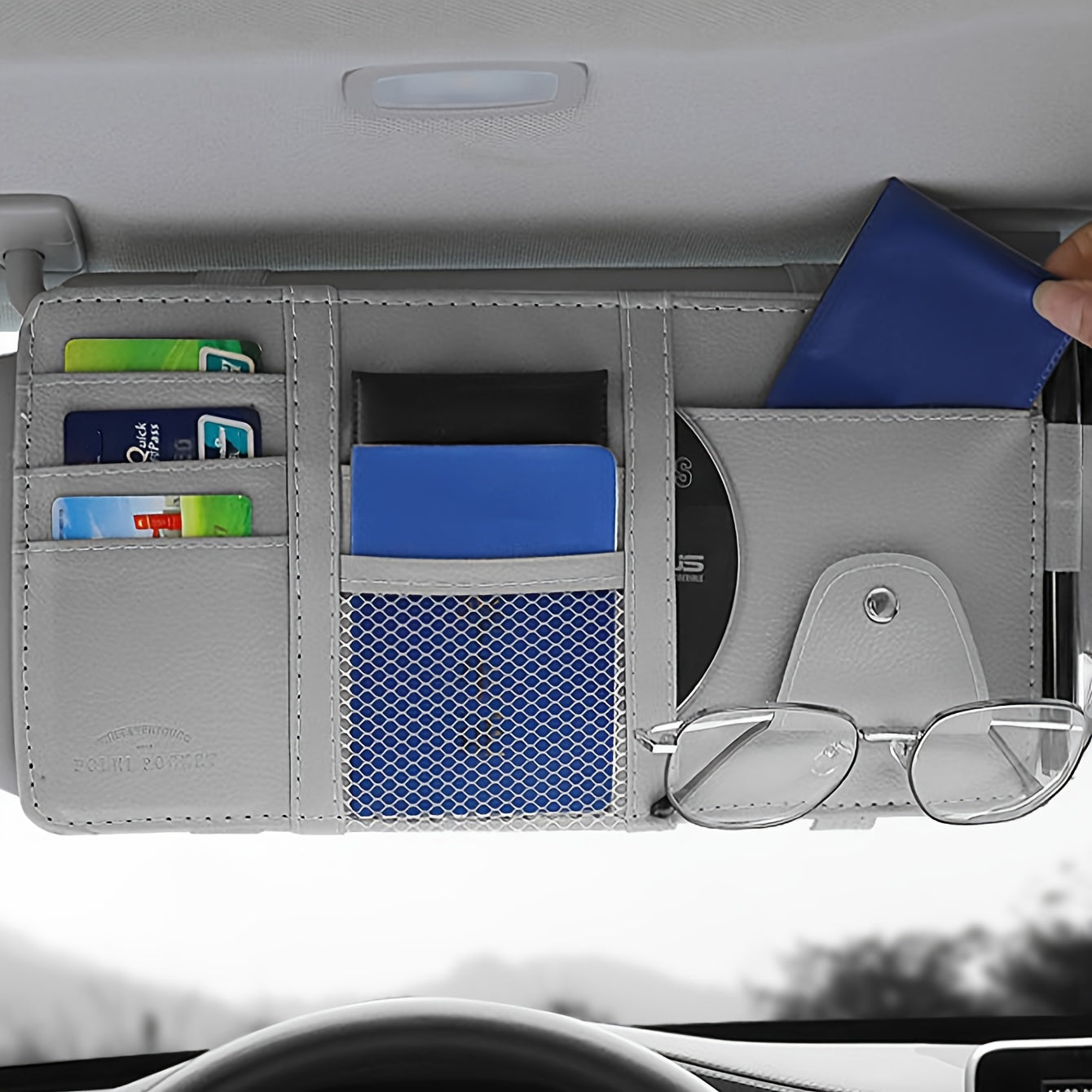Car Visor Organizer with Multiple Compartments for Glasses Phones Wallets and Cards Gray PU Leather