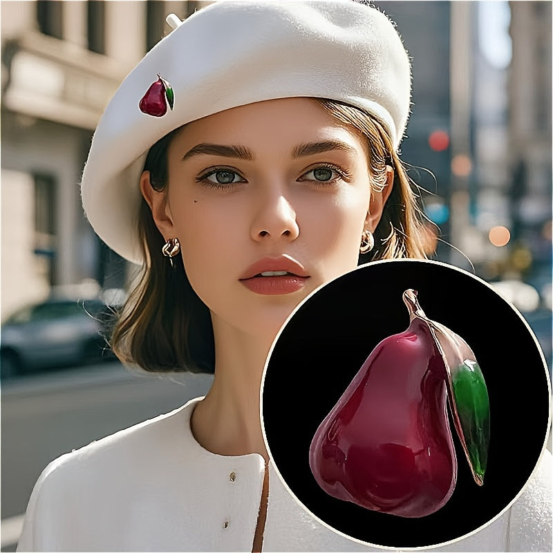 Vintage uslubdagi pirojnoe shaklidagi brosh pin qizil akril, yashil barglar, juftliklar uchun sovgʻa, koʻylaklar va kiyimlar uchun mos