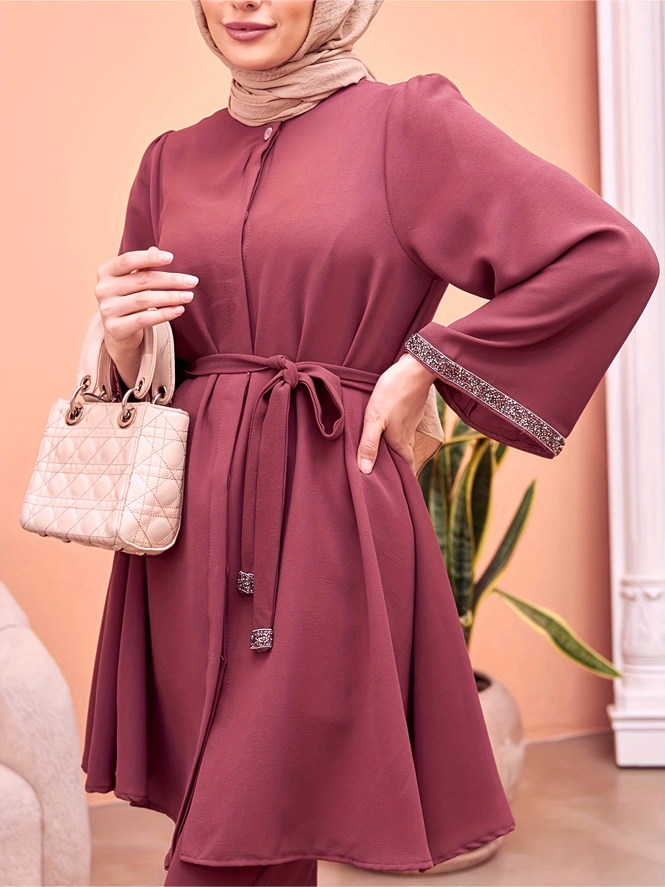 Top midi de mujer con pedrería, manga larga, de poliéster sólido, con cinturón, estilo del Medio Oriente