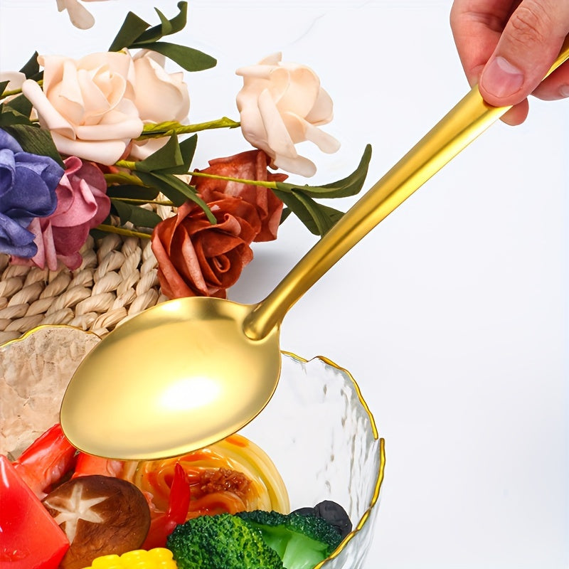 Juego de 6 utensilios de cocina de acero inoxidable en dorado, negro y plateado incluye espátula, cuchara para arroz, colador y cuchara para sopa