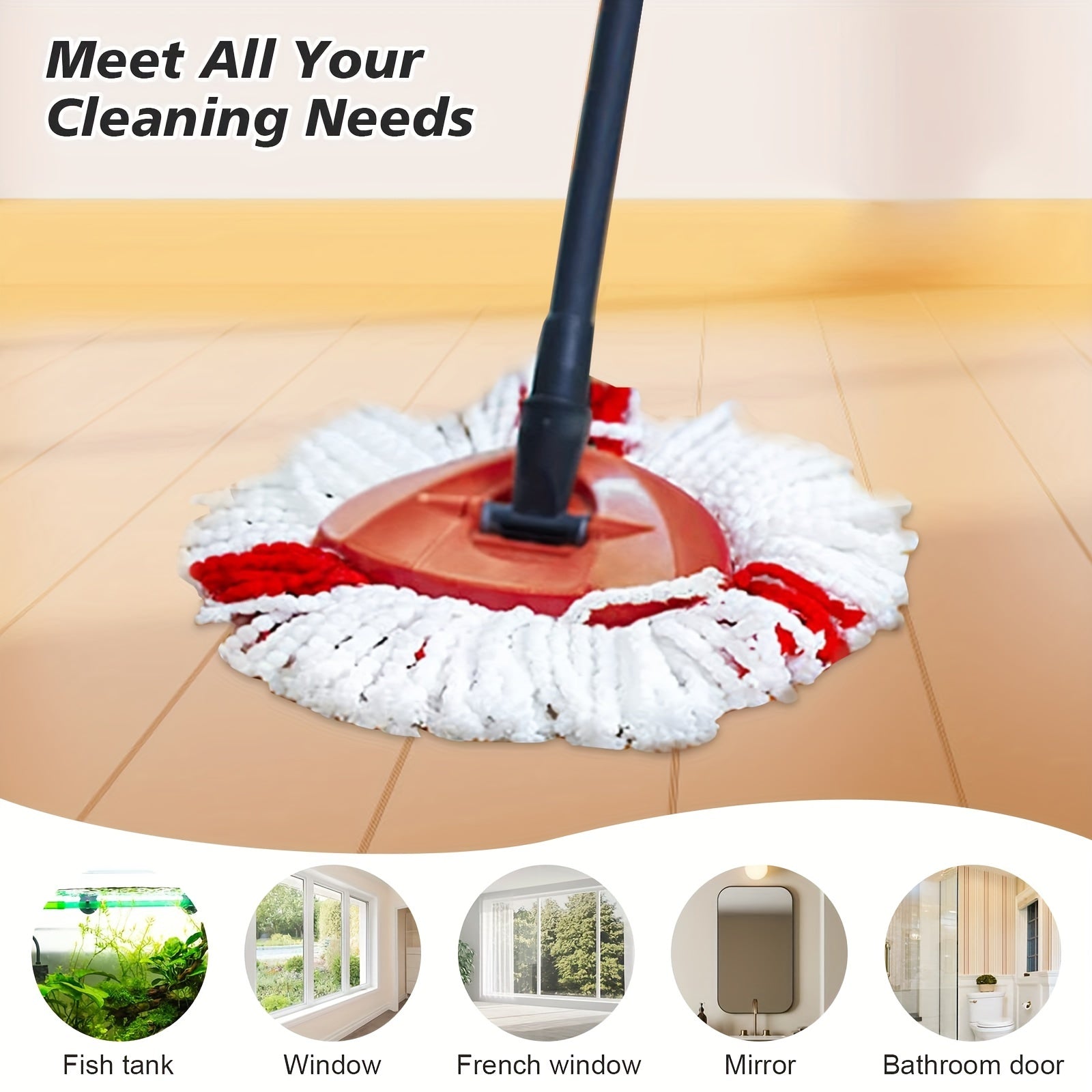 Oson Tozalash: Qizil va Oq Aylanuvchi Mop Boshlar bilan Bayram Qiling - 360° Aylanish, Ultra-M Yumshoq Material, Uy Tozalash Uchun Ideal