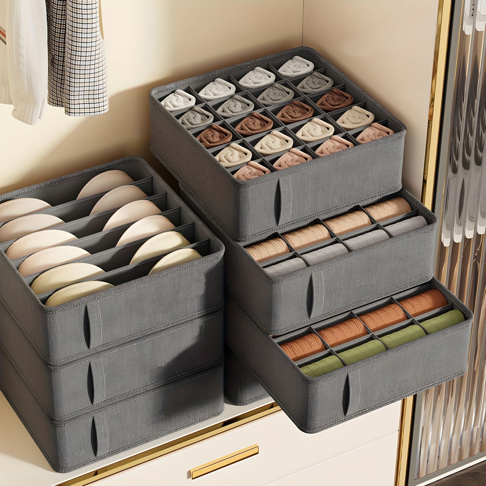 Fabric Underwear and Socks Organizer 3-in-1 Drawer Storage Box for Home Bedroom Dorm