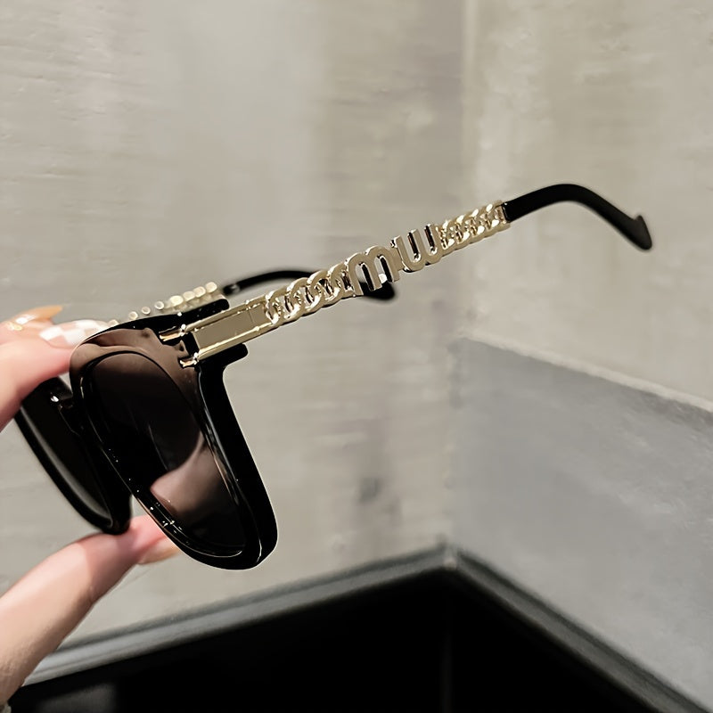 Gafas de sol cuadradas para mujer y hombre con lentes espejados, cadena en las patillas, accesorios para conducir y la playa