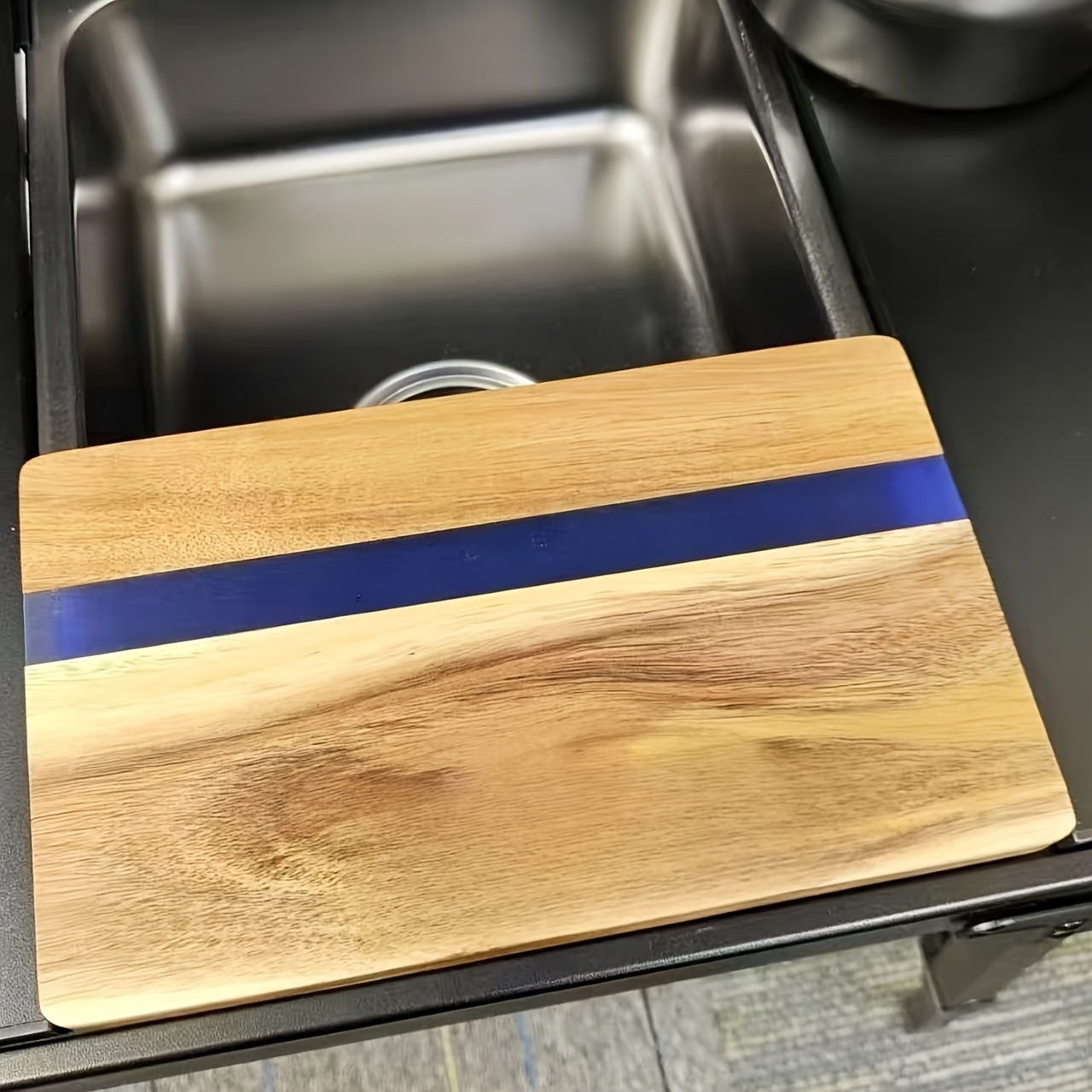 Acacia Wood and Resin Cheese Board Set with Blue Stripe, Charcuterie Platter, Kitchen Serving Tray