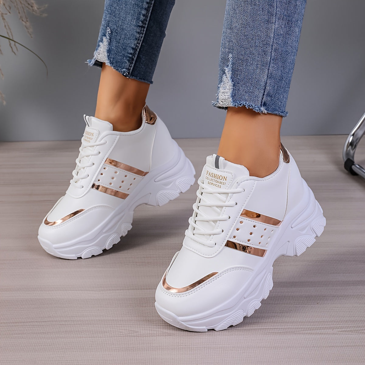 Women's White and Gold Platform Sneakers in Large Size 42 with 8cm Height Boost