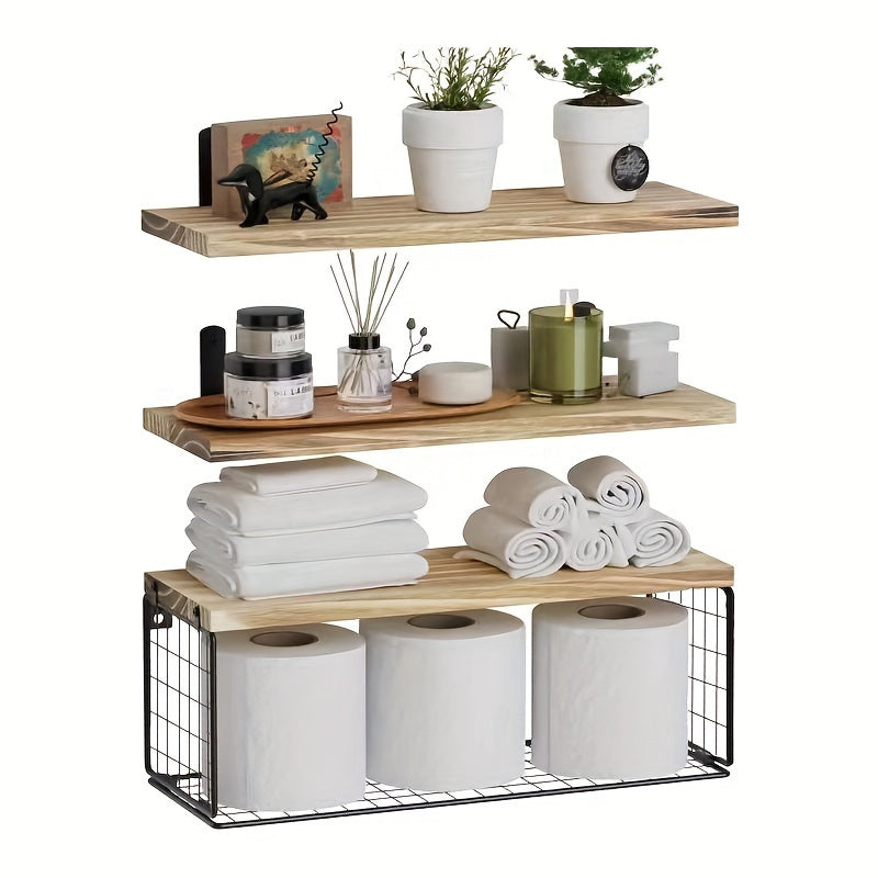 Wooden Bathroom Storage Rack with Paper Towel and Toilet Paper Baskets