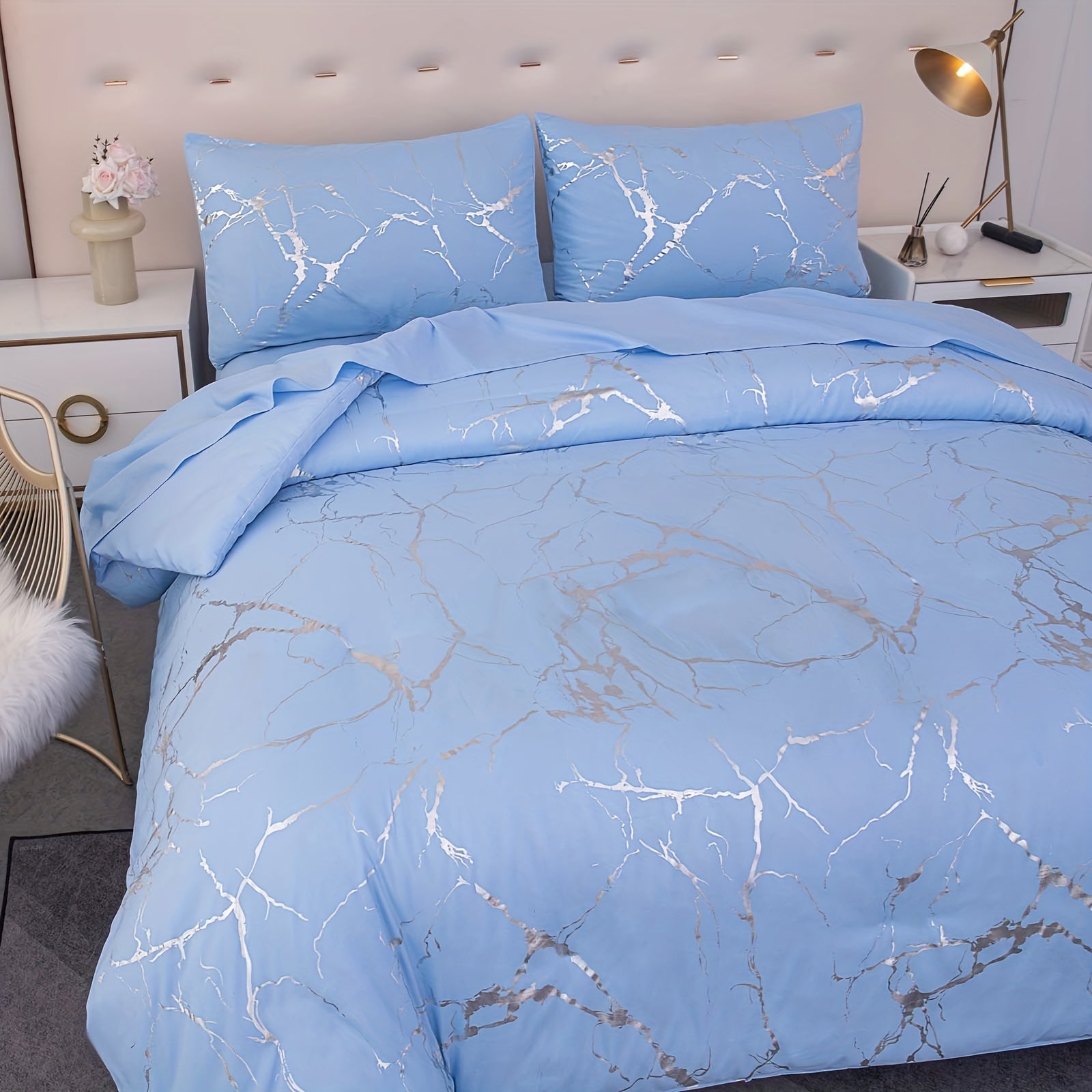 Elegant Marble Pattern Bedding Set in Pink Gray Green Blue Purple Washable Ultra-fine Fiber Duvet Cover 2-3 Piece