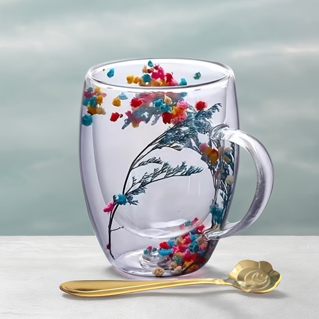 Set of 2 Floral Double Wall Glass Mugs 11.83 oz Hot Beverages Gift
