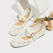 Women's White Ballet Flats with Floral Embroidery Breathable Mesh Square Toe