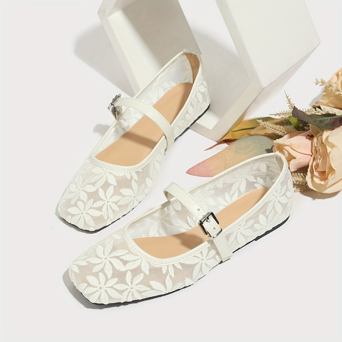 Women's White Ballet Flats with Floral Embroidery Breathable Mesh Square Toe
