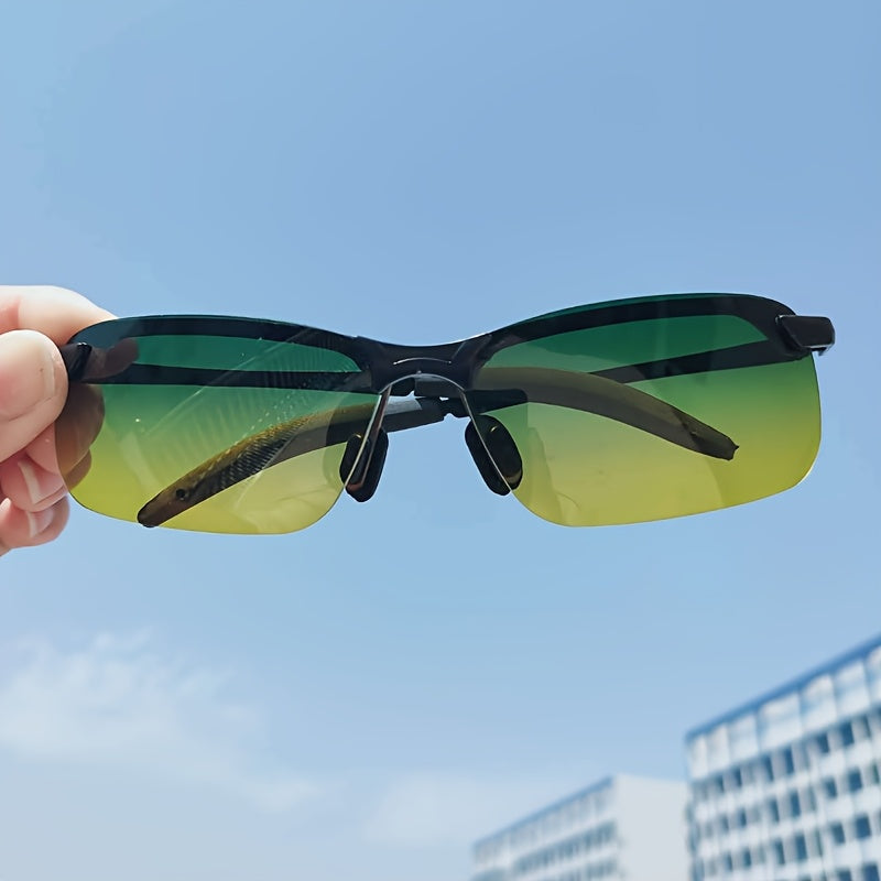 Erkaklar uchun kvadrat moda ko‘zoynaklar, yashil va sariq gradientli polarizatsiyalangan linzalar bilan, haydash va sport uchun
