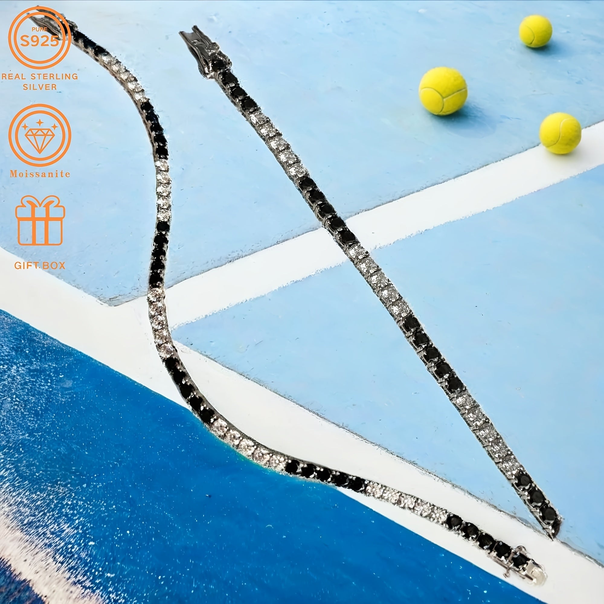 Zamonaviy S925 kumush tennis bilaguzuk, Moissanite bilan bezatilgan - Abadiy qora va oq ranglar, hashamatli kvadrat naqsh, har kuni kiyish yoki kontsertlarga chiqish uchun ideal.