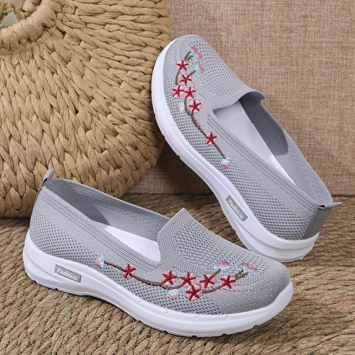 Women's Light Blue Slip-On Sneakers with Floral Embroidery for Summer Walks