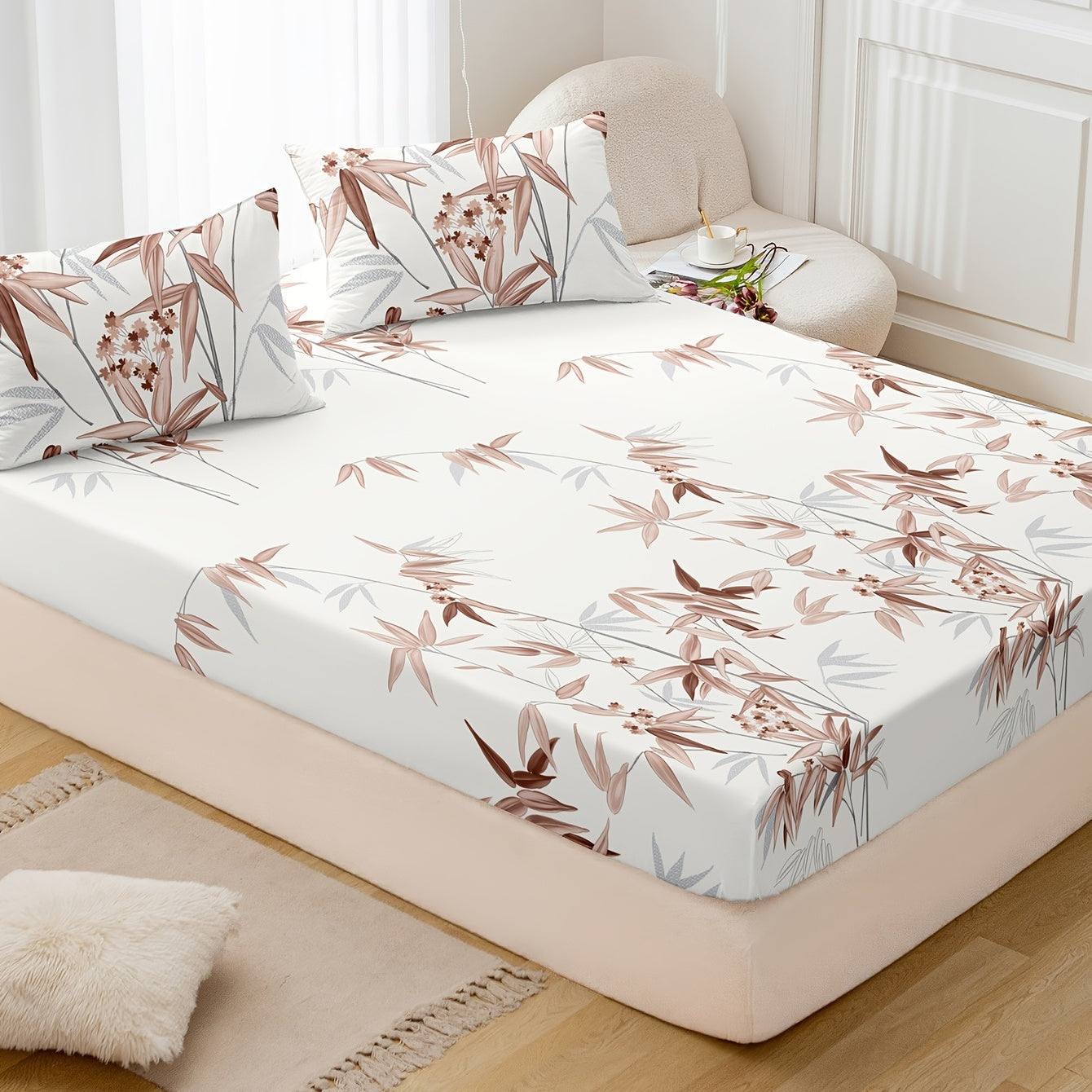 Set of 3 Plant Printed Fitted Sheets Bedding Set Breathable Soft for Bedroom and Guest Room