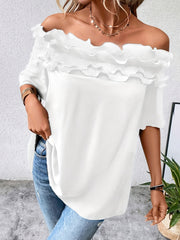 Women's White Off-Shoulder Blouse Ruffled Hem Spring Summer Autumn