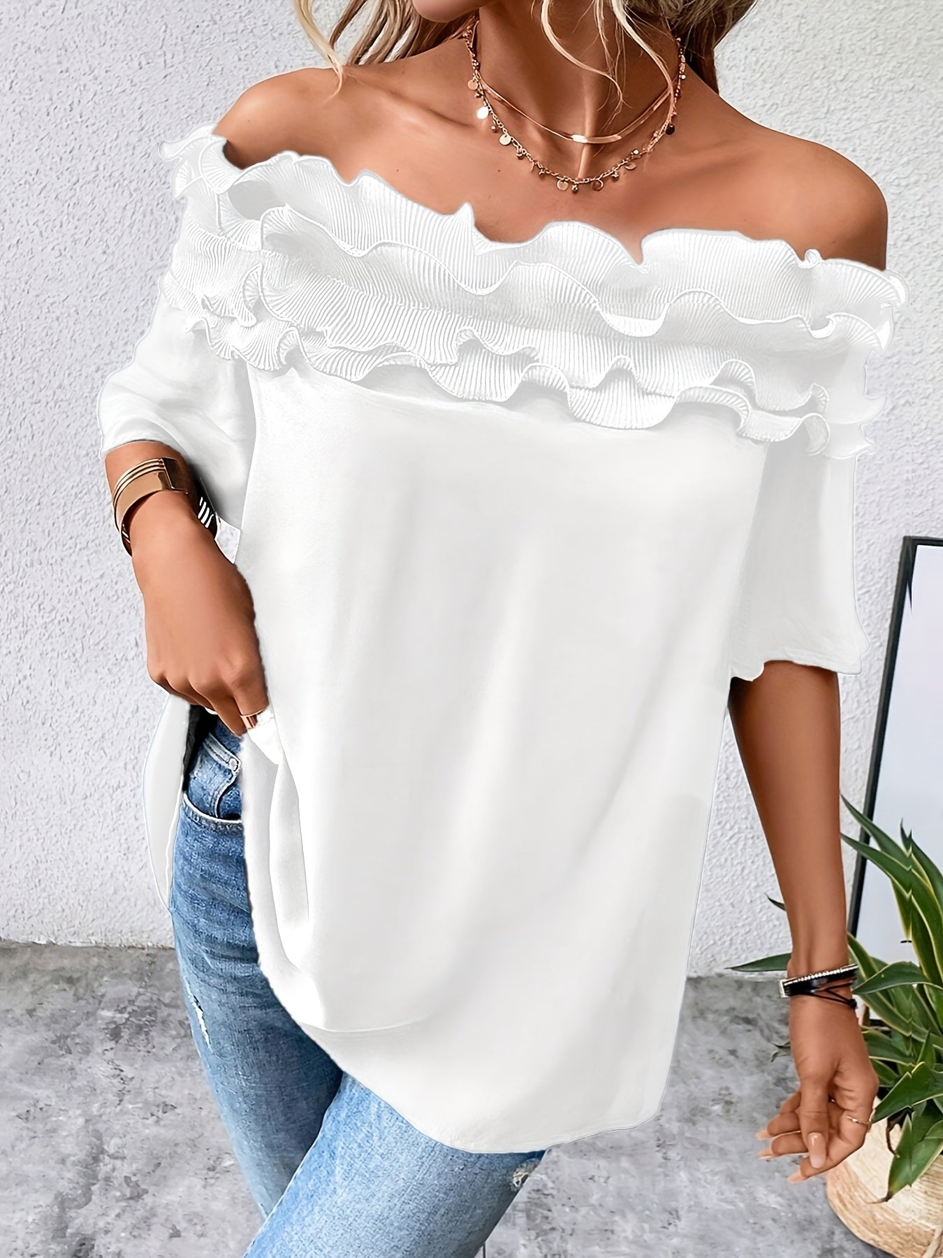 Women's White Off-Shoulder Blouse Ruffled Hem Spring Summer Autumn