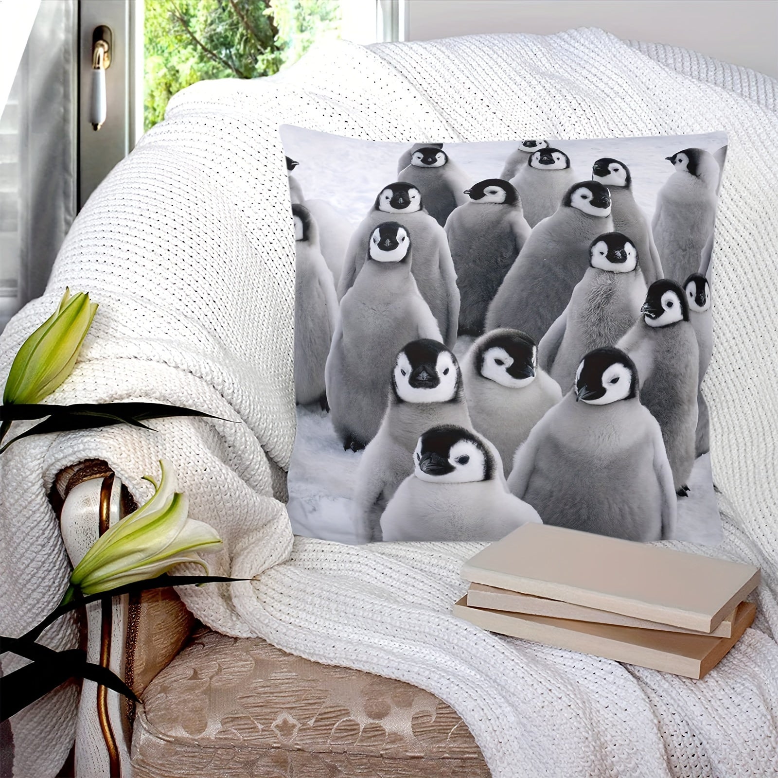Decorative Throw Pillow Cover with Gray Penguins for Winter Holidays 45.72cm Square