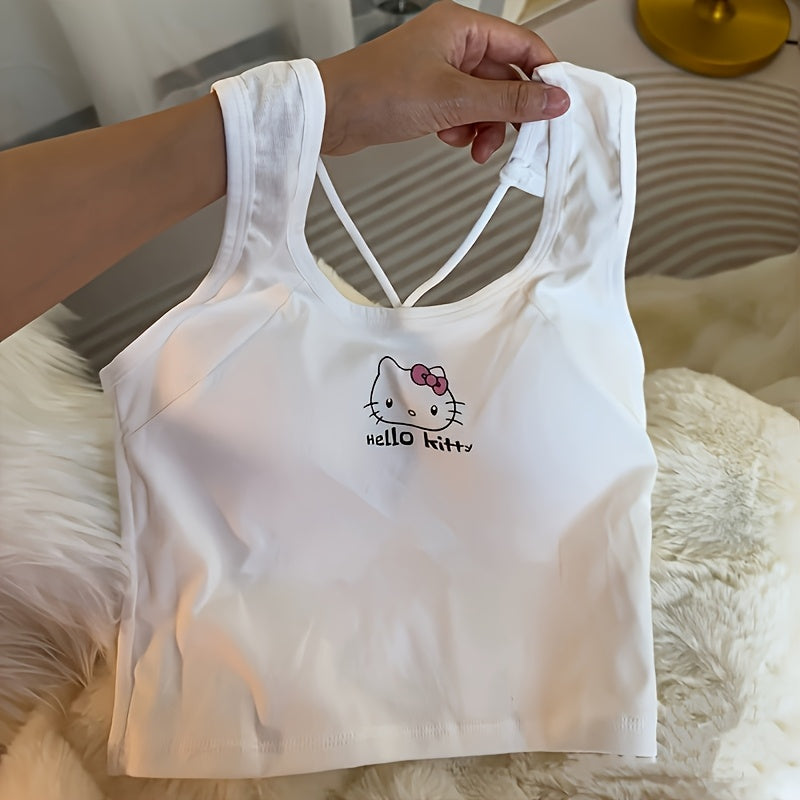 Anime-Themed Cotton Sleeveless Cropped Top for Women White with Pink Hello Kitty Design