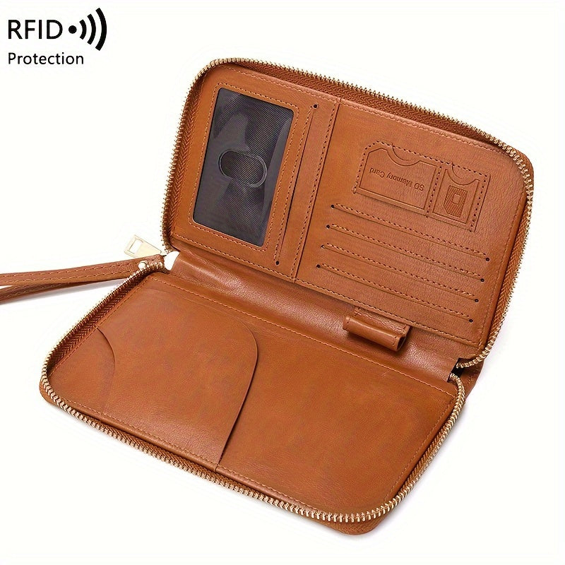 Brown RFID Blocking Travel Wallet with Zipper Closure and Wrist Strap for Passports and Cards