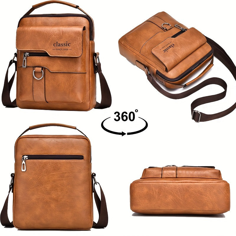 Men's Water-Resistant PU Crossbody Bag with Large Capacity Vintage Vertical Business Casual Style