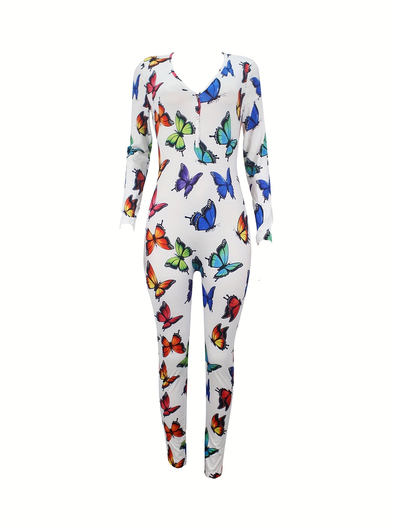 Women's Black Stretchy Butterfly Print Casual Jumpsuit with V-Neck and Button Front