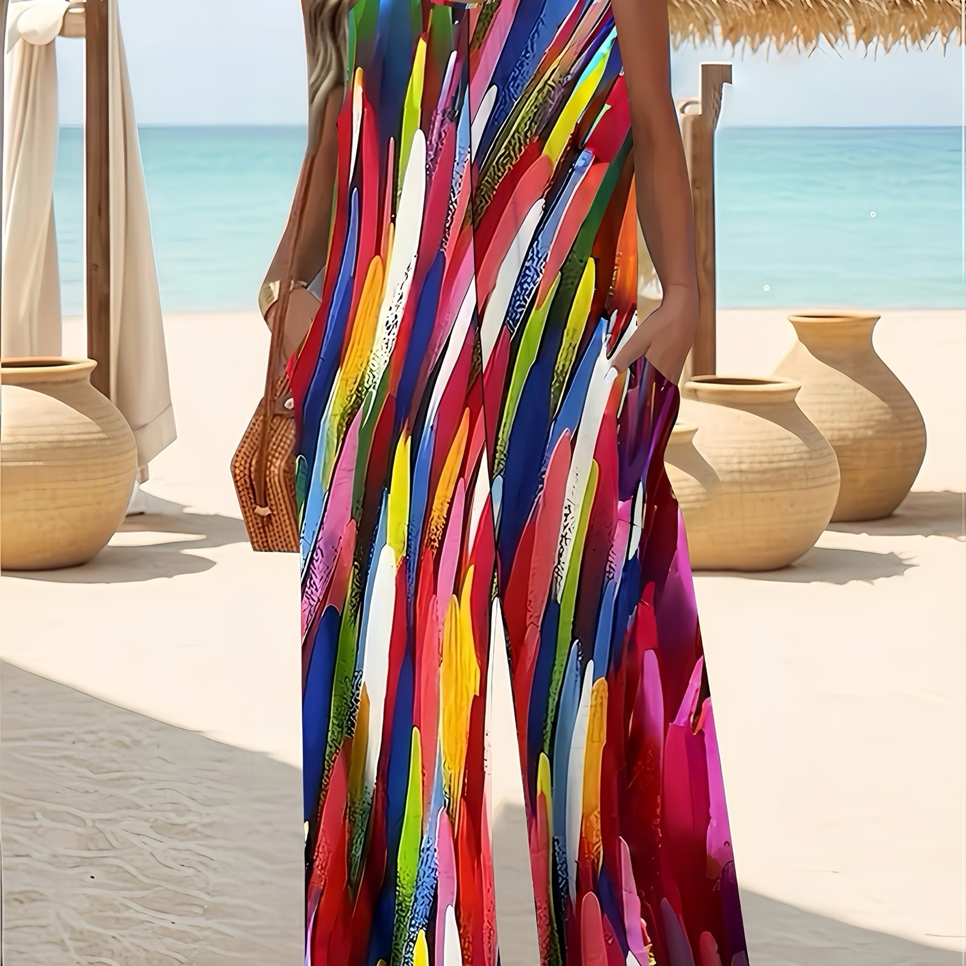 Mono sin mangas de verano con estampado bohemio para mujer, ligero, con escote en V y ropa de playa