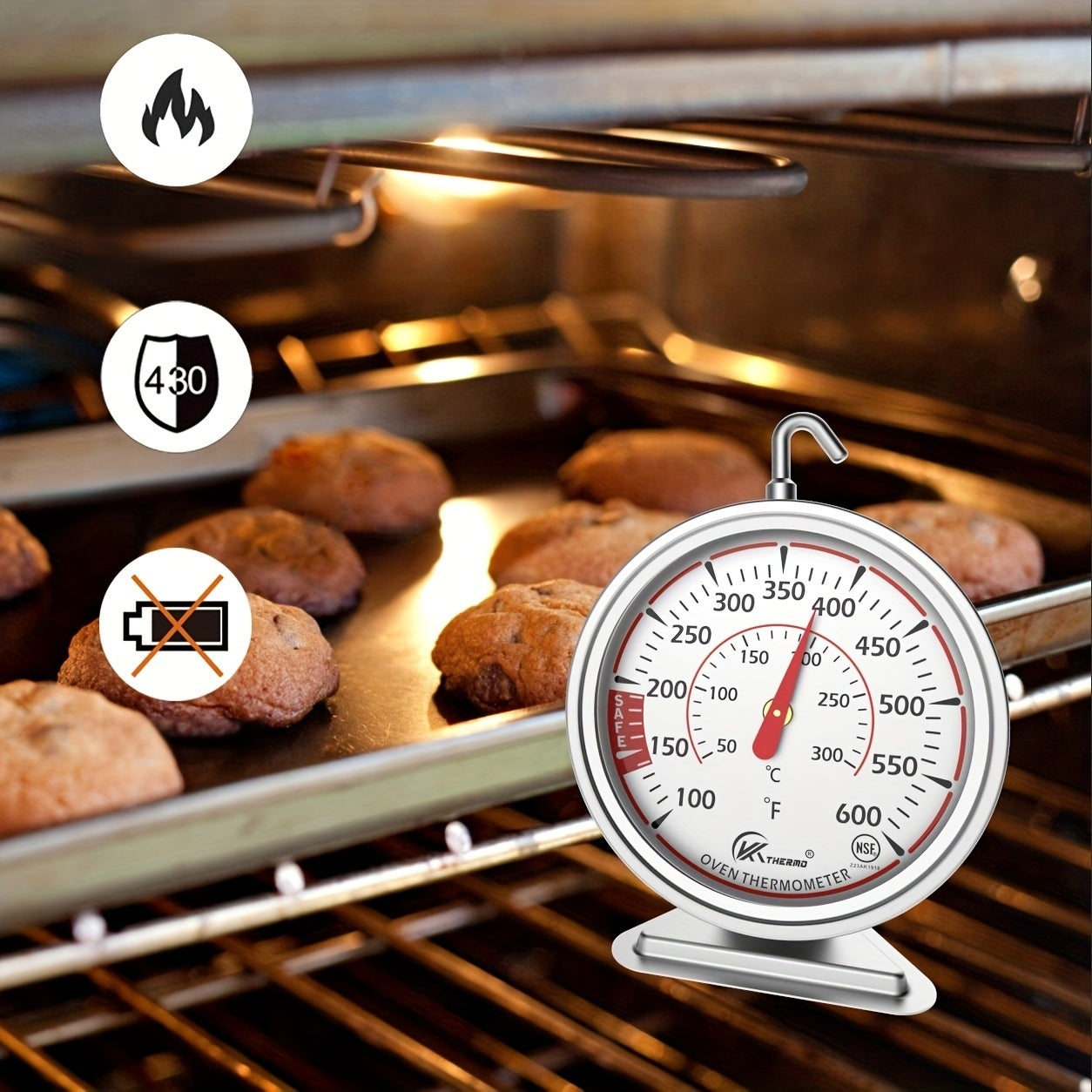 KT THERMO Aniq Pech Termometri 6.99cm Rostdan yasalgan katta soat bilan, 100-600°F/50-300°C diapazon, 360° buriladigan qulf uchun oson osish yoki turish, pishirish, BBQ, go'sht pishirish uchun ideal -