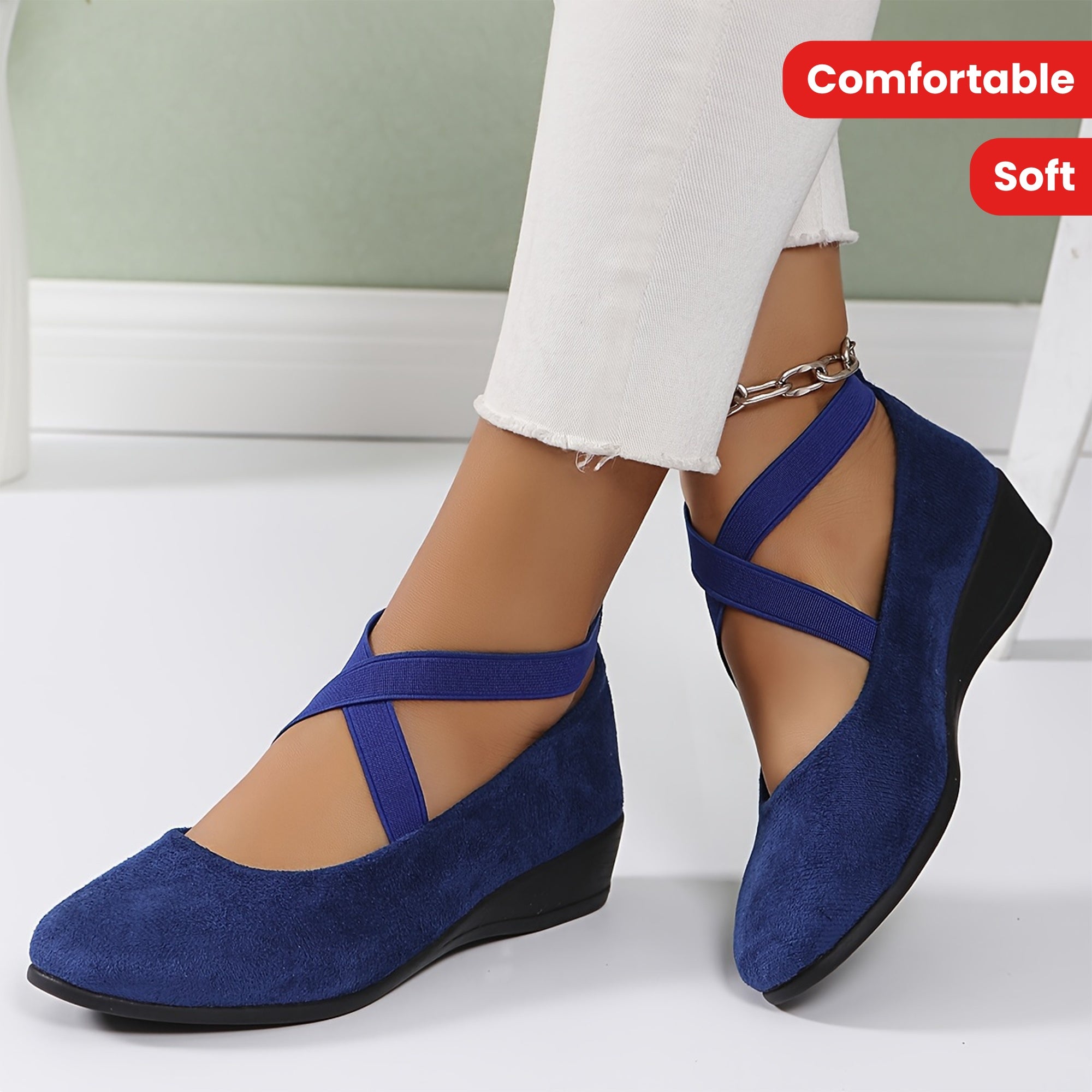 Zapatos cómodos de cuña para mujer con correa elástica cruzada, slip-ons casuales