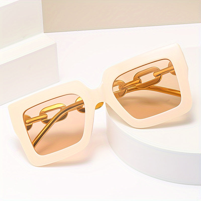 Women's Oversized Square Sunglasses with Gold Chain Temples Mirrored Lenses for Beach and Golf
