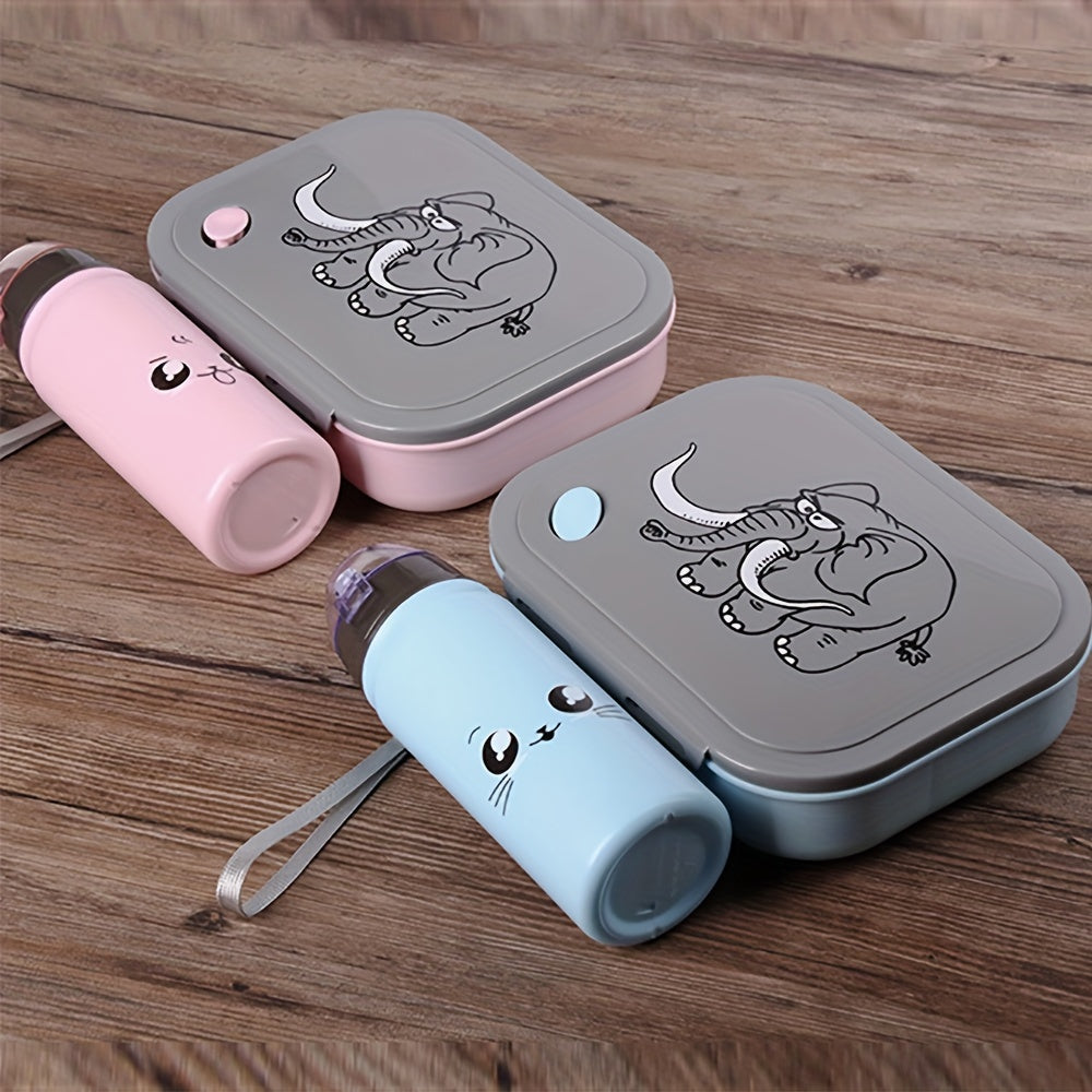 Cartoon Elephant Lunch Box Set with Water Bottle and Spoon Plastic Rectangle Shape