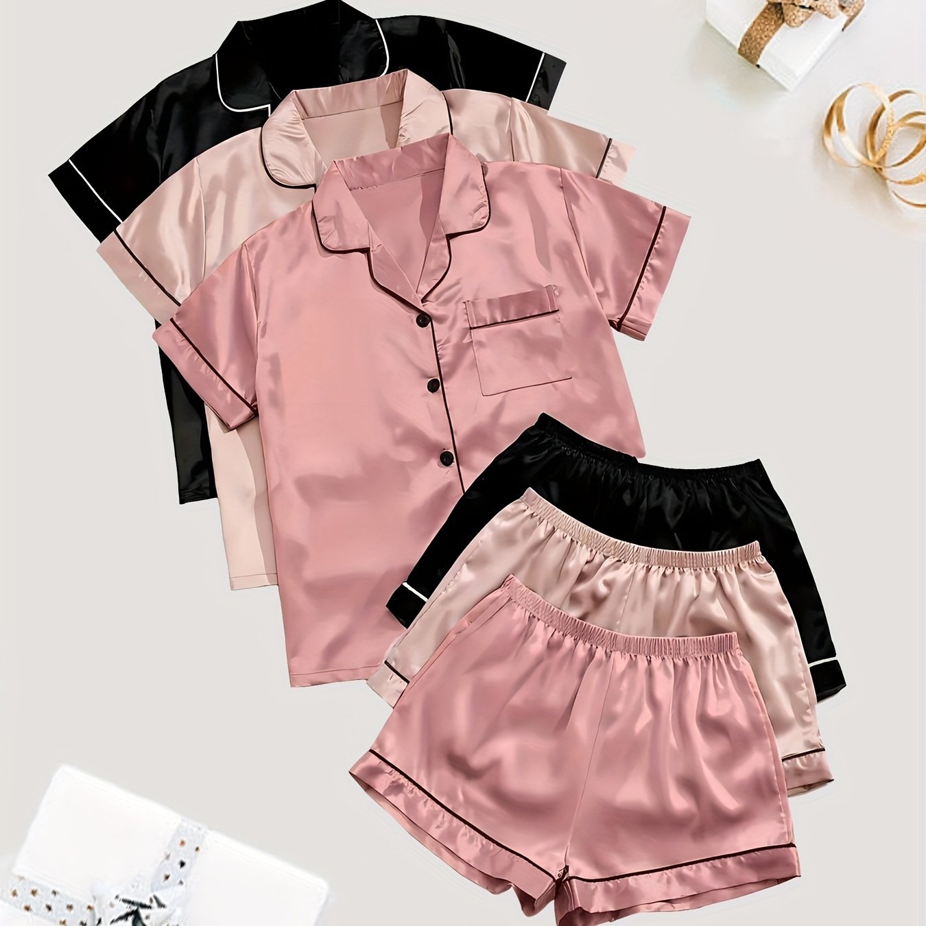 Women's Satin Sleepwear Set Short Sleeve Button Top Elastic Shorts Summer Casual