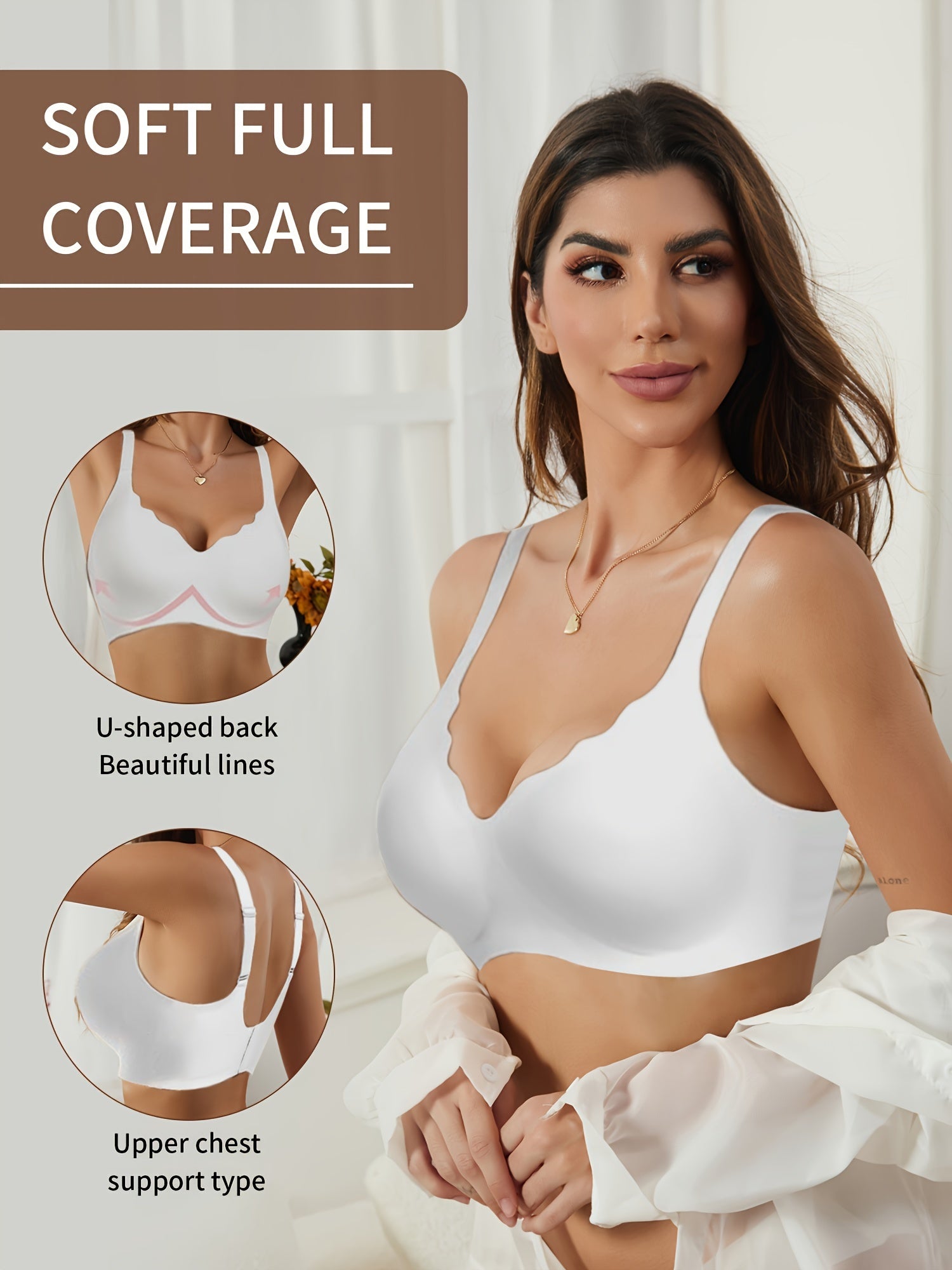 Wireless Seamless Push-Up Bra with Deep V-Neck and Scalloped Design for Comfort