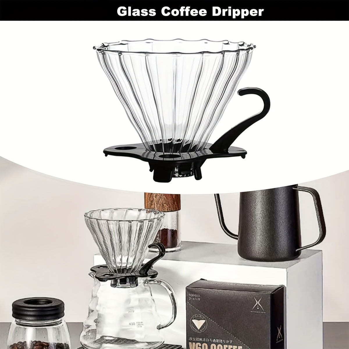 Glass Pour Over Coffee Dripper with Handle, Reusable Cone Filter for Home Office Travel