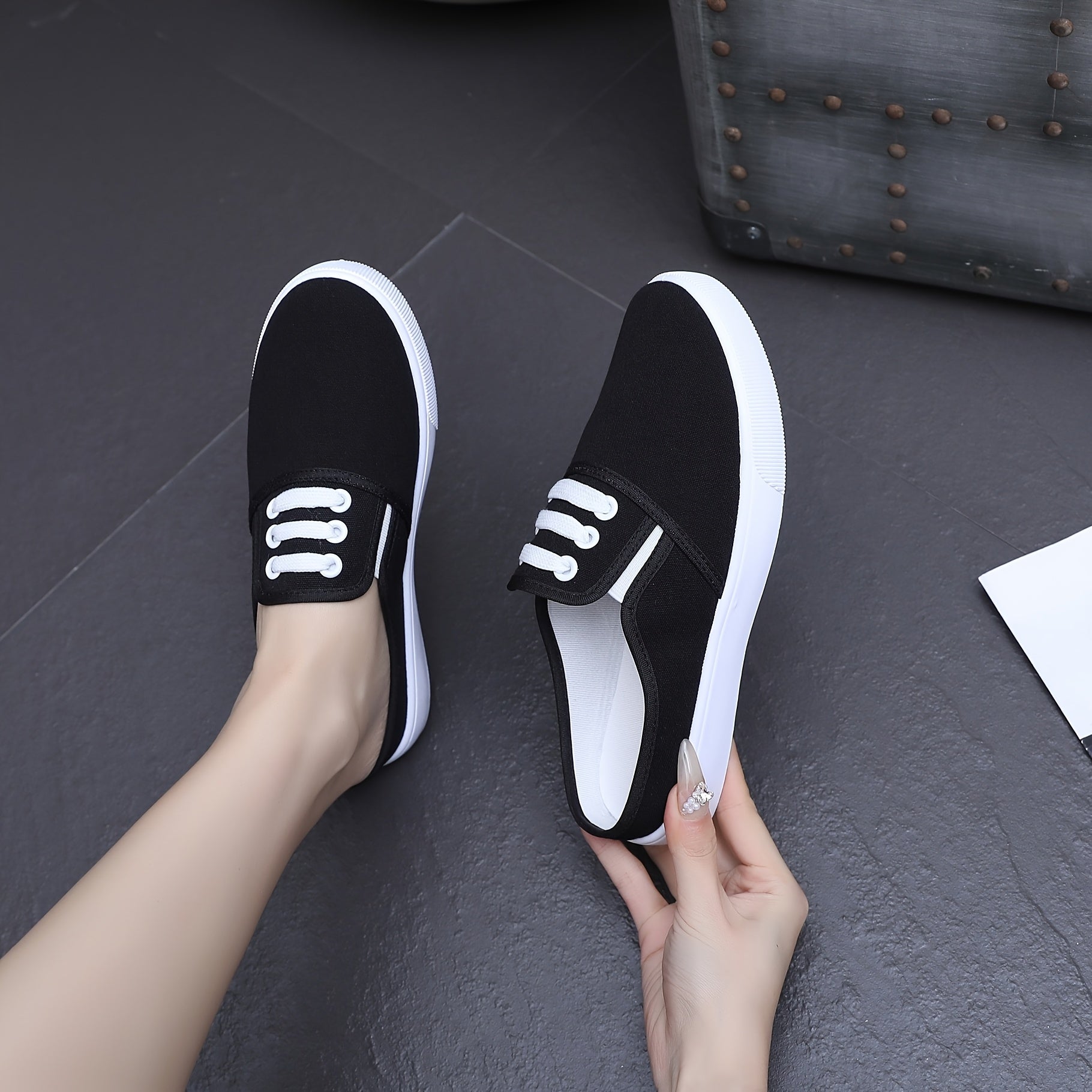 Women's Casual Slip-On Sneakers Breathable Fabric Black White Lightweight