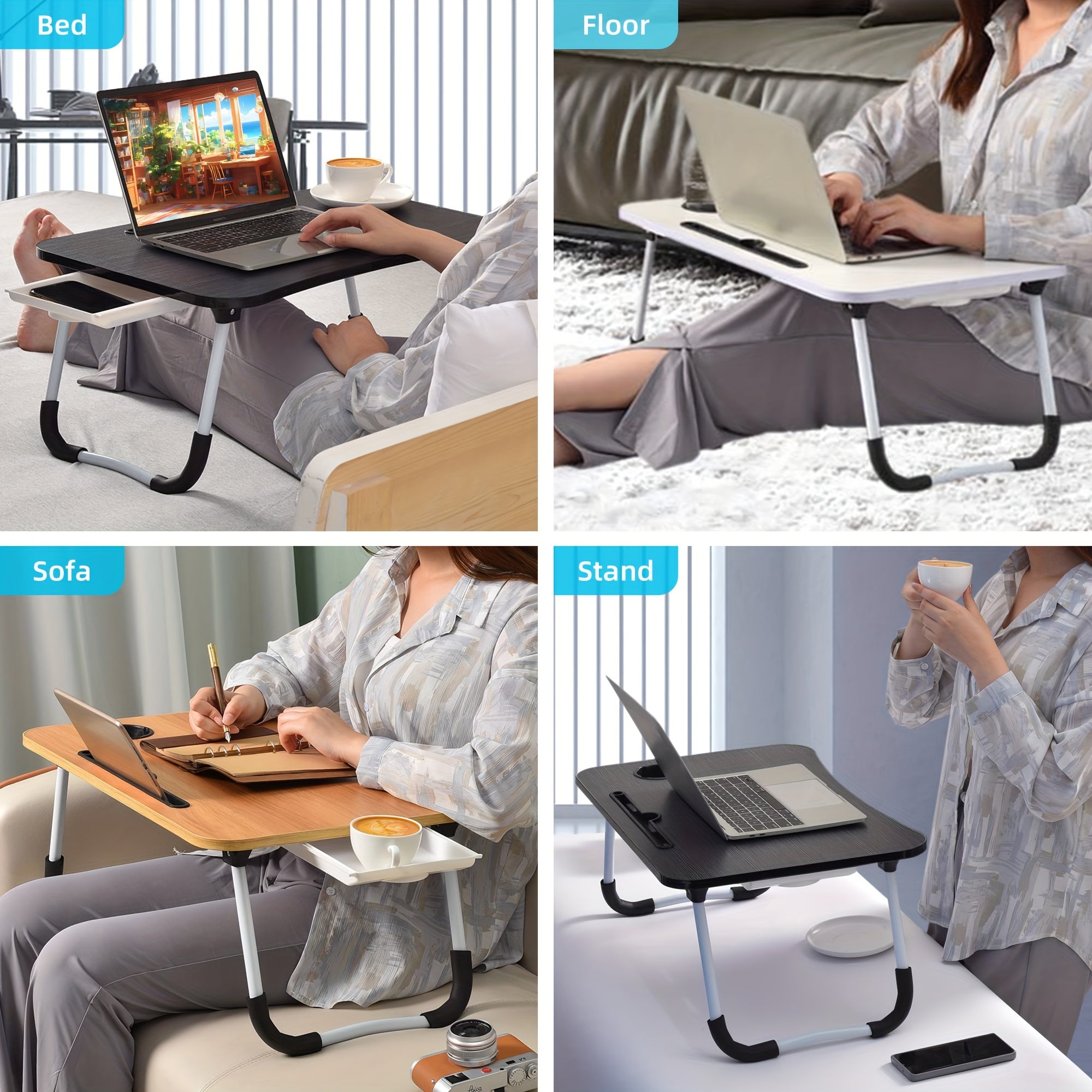 Bandeja portátil plegable para portátil con soporte para taza y cajón para cama, sofá y lectura