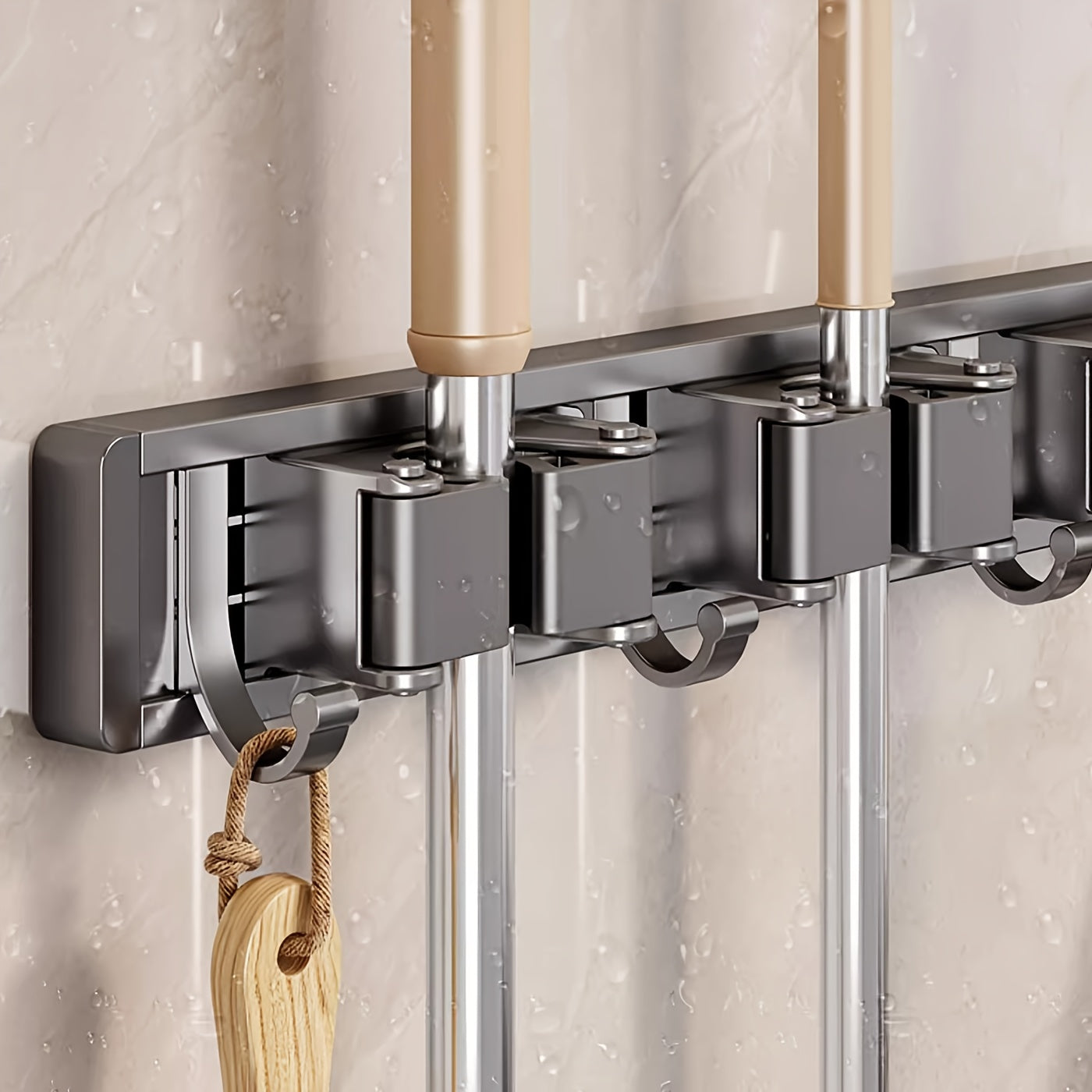 Heavy Duty Metal Wall Mount Mop and Broom Holder with Adjustable Hooks and Space-Saving Shelf