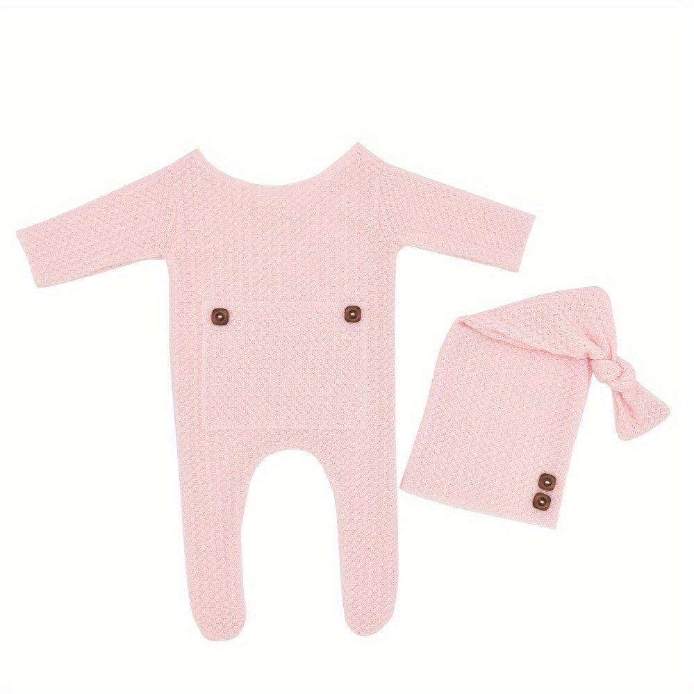 Newborn Baby Boy Clothes Set Long Sleeve Knitted Romper Beanie Photography Props