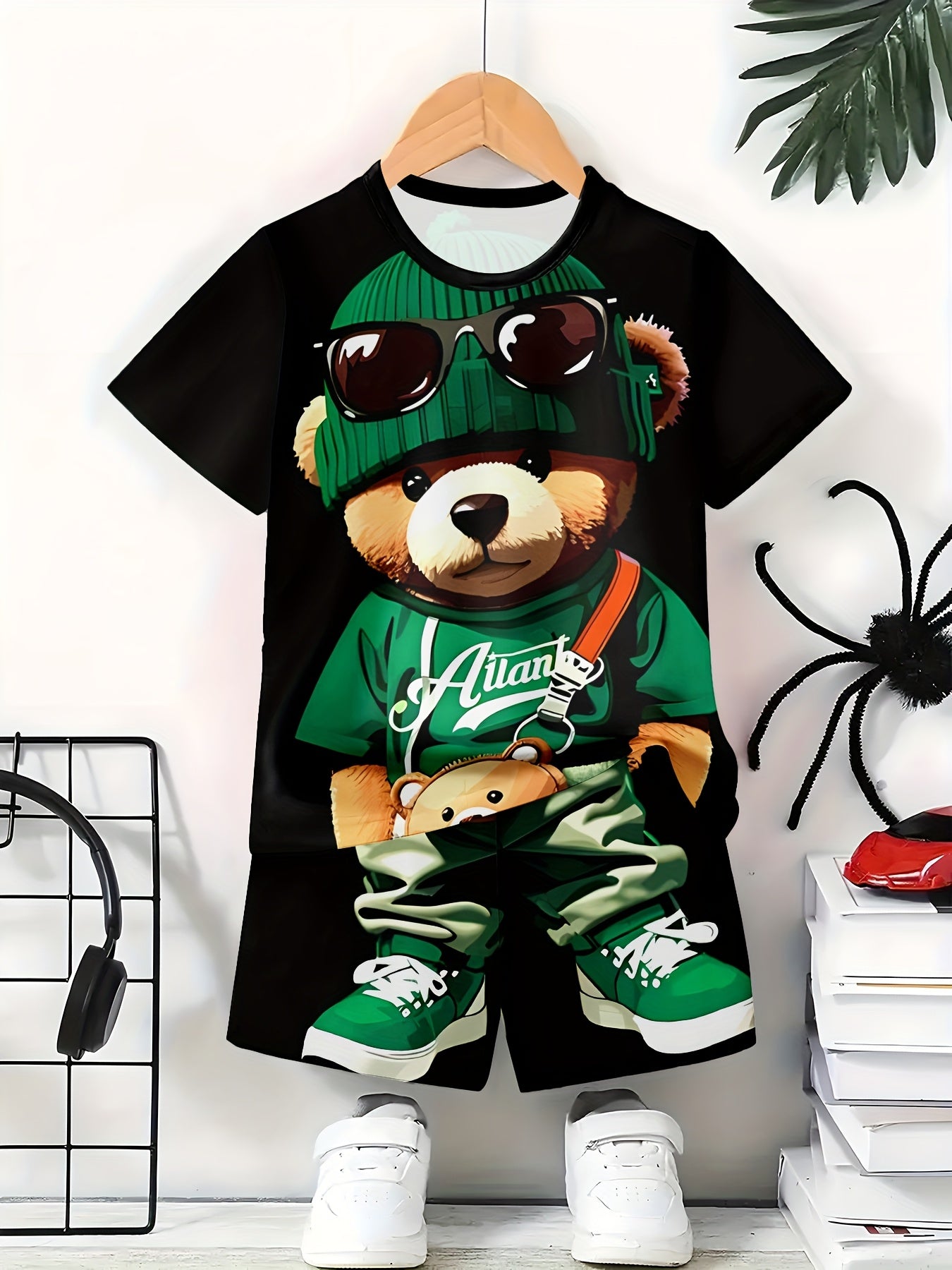 Boys Casual Outfit Set 3D Printed Bear T-Shirt and Shorts Spring Summer
